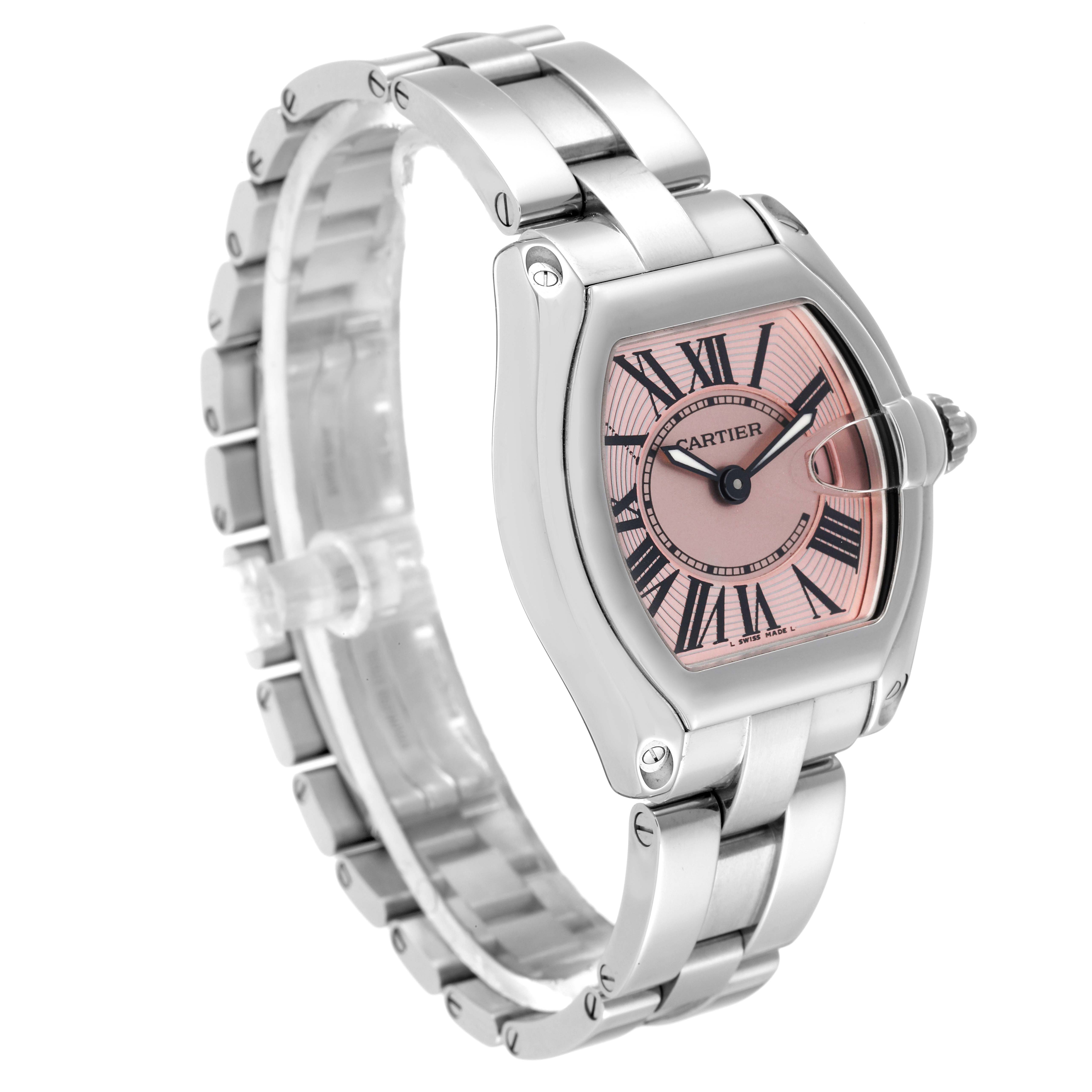 The image shows a Cartier Roadster W62017V3 Women's Stainless Steel Pink Dial W62017V3 Women's Stainless Steel Pink Dial watch at an angled side view, focusing on the face and stainless steel bracelet.