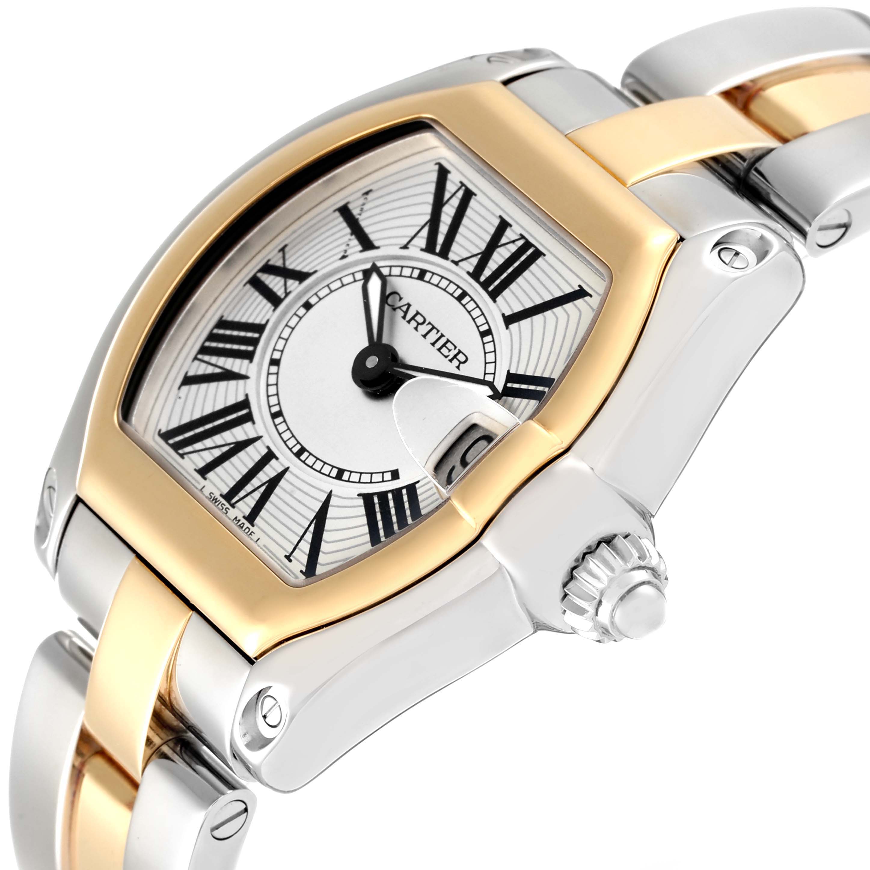 The image shows a close-up of the dial, bezel, and crown of the Cartier Roadster W62026Y4 Women's Steel and Gold (two tone) Silver Dial W62026Y4 Women's Steel and Gold (two tone) Silver Dial watch, viewed from an angled perspective.