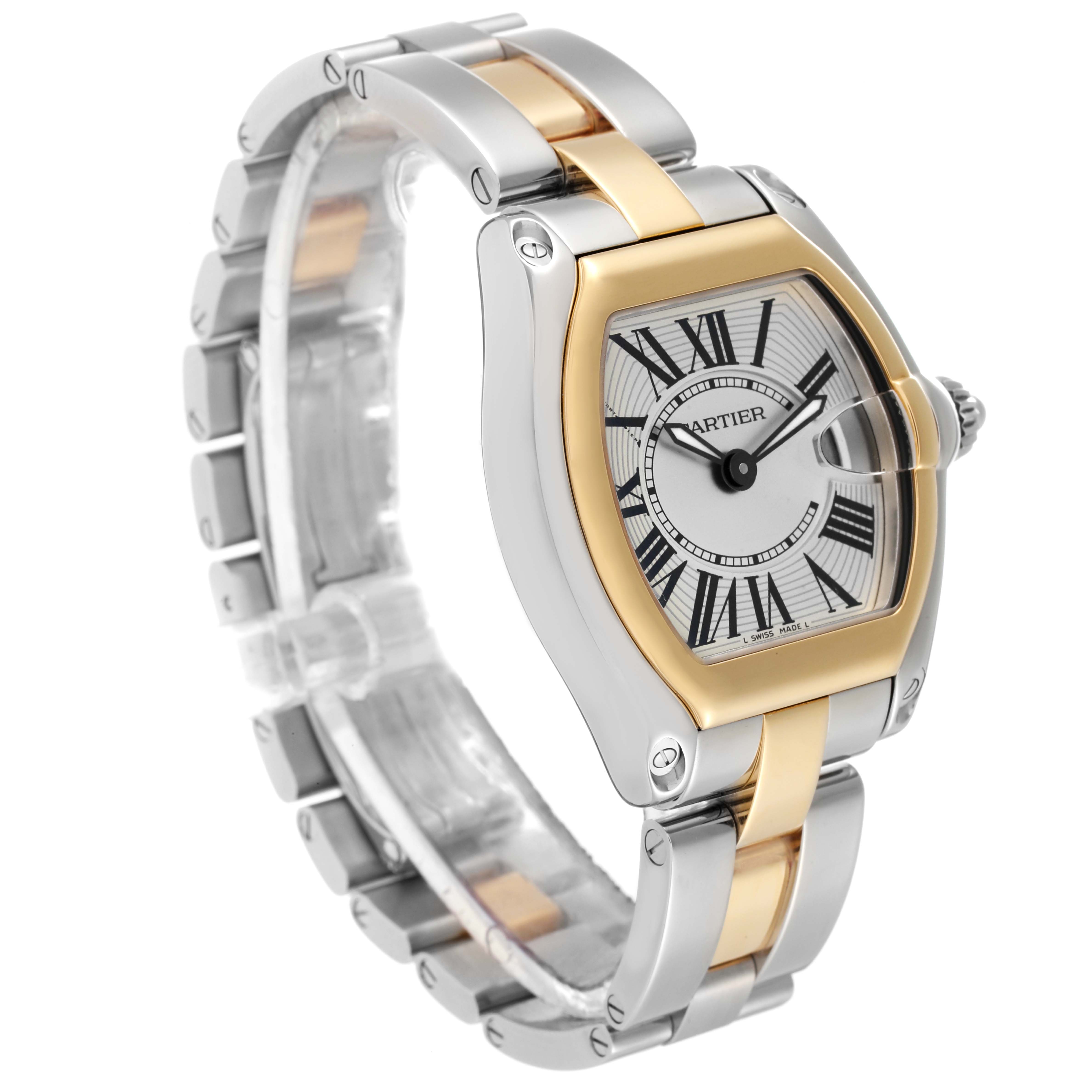 This image shows a Cartier Roadster W62026Y4 Women's Steel and Gold (two tone) Silver Dial W62026Y4 Women's Steel and Gold (two tone) Silver Dial watch angled to display the face, bezel, and part of the bracelet.