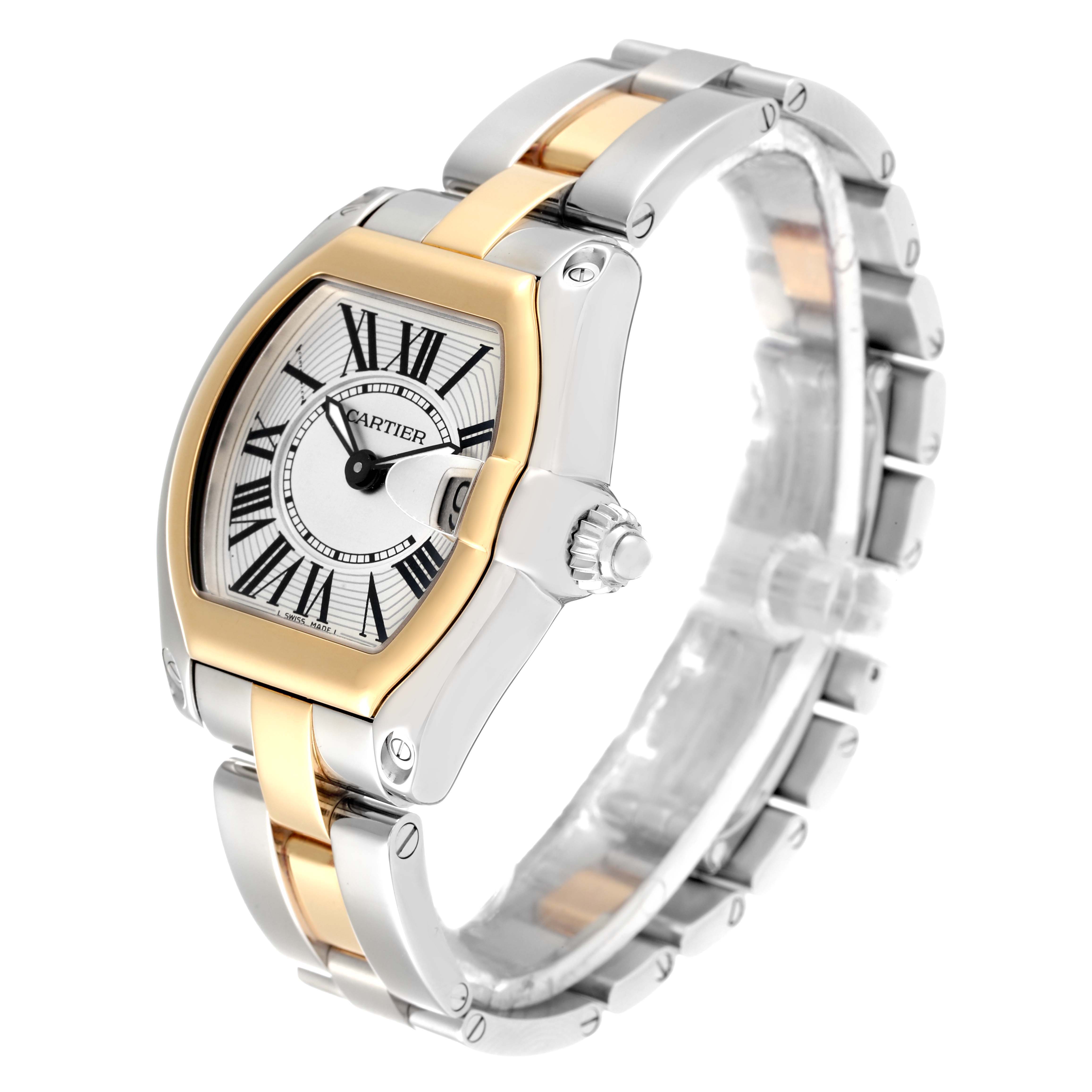 The Cartier Roadster W62026Y4 Women's Steel and Gold (two tone) Silver Dial W62026Y4 Women's Steel and Gold (two tone) Silver Dial watch is shown at an angle highlighting the face, bezel, crown, and two-tone bracelet.