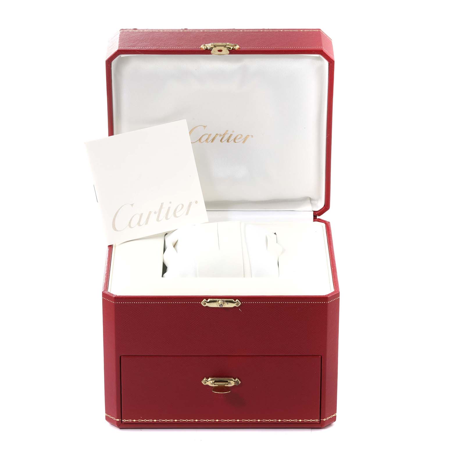 This image shows an open red Cartier box with a manual and cushion for the Roadster model watch.
