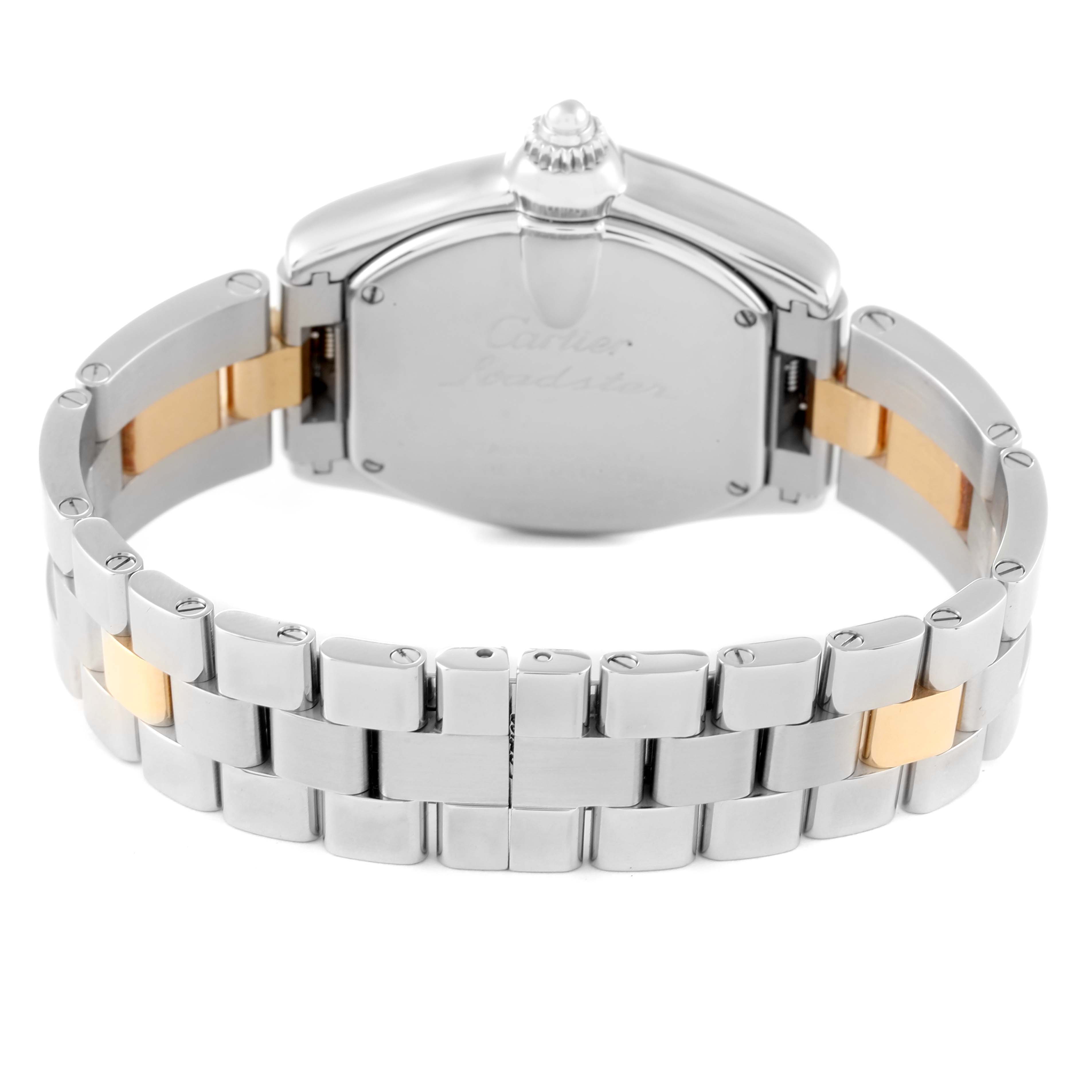 The image shows the back case and part of the bracelet of a Cartier Roadster W62026Y4 Women's Steel and Gold (two tone) Silver Dial W62026Y4 Women's Steel and Gold (two tone) Silver Dial watch, viewed from behind.