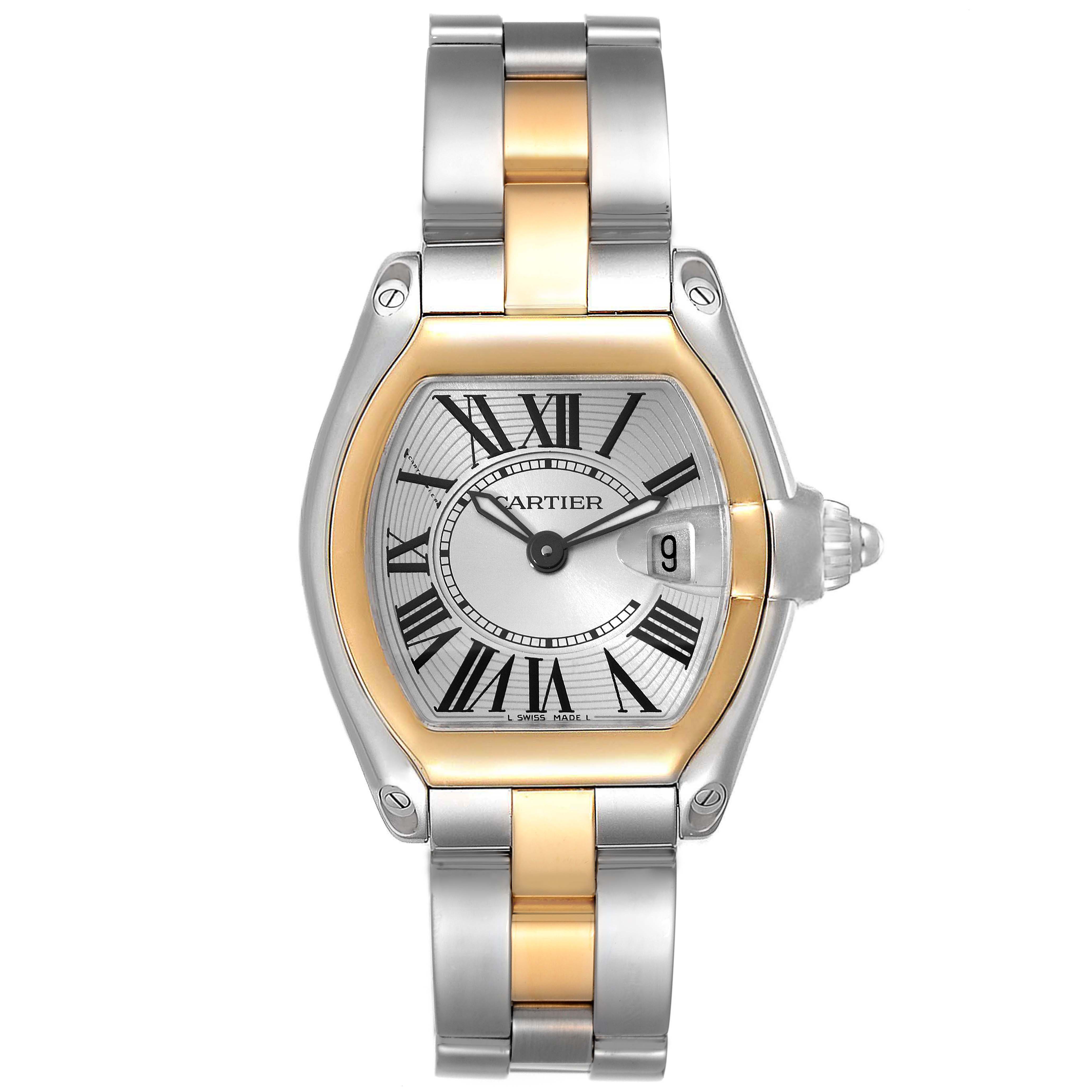 This image shows a Cartier Roadster W62026Y4 Women's Steel and Gold (two tone) Silver Dial W62026Y4 Women's Steel and Gold (two tone) Silver Dial watch from a top view, displaying its face and metal bracelet.