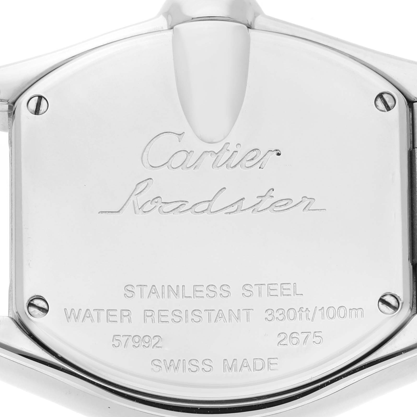 The image shows the back case of the Cartier Roadster W62026Y4 Women's Steel and Gold (two tone) Silver Dial W62026Y4 Women's Steel and Gold (two tone) Silver Dial watch, displaying its specifications.