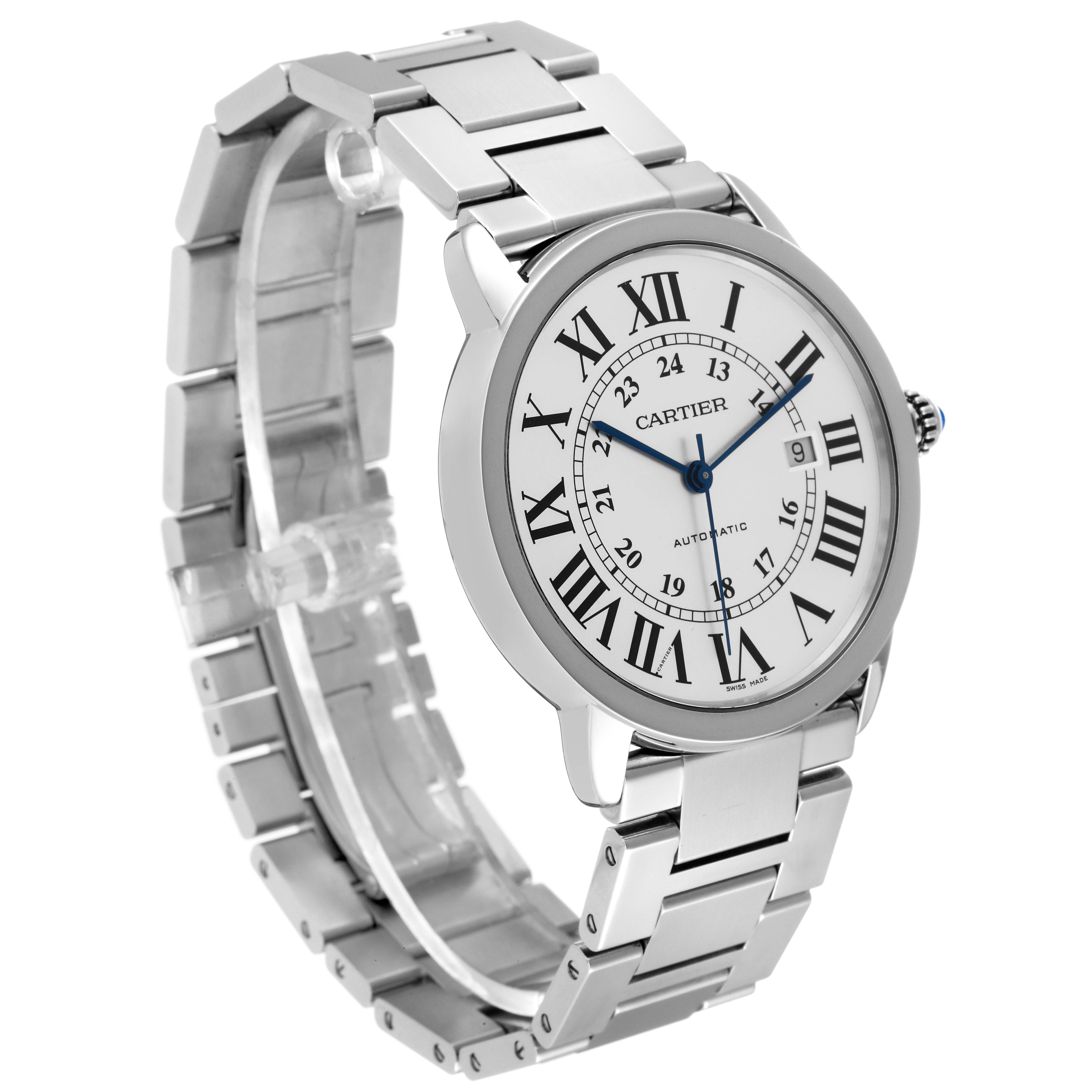 This image shows a Cartier Ronde W6701011 Men
s Stainless Steel Silver Dial W6701011 Men
s Stainless Steel Silver Dial model watch at an angled view, highlighting the face, dial, and metal bracelet.