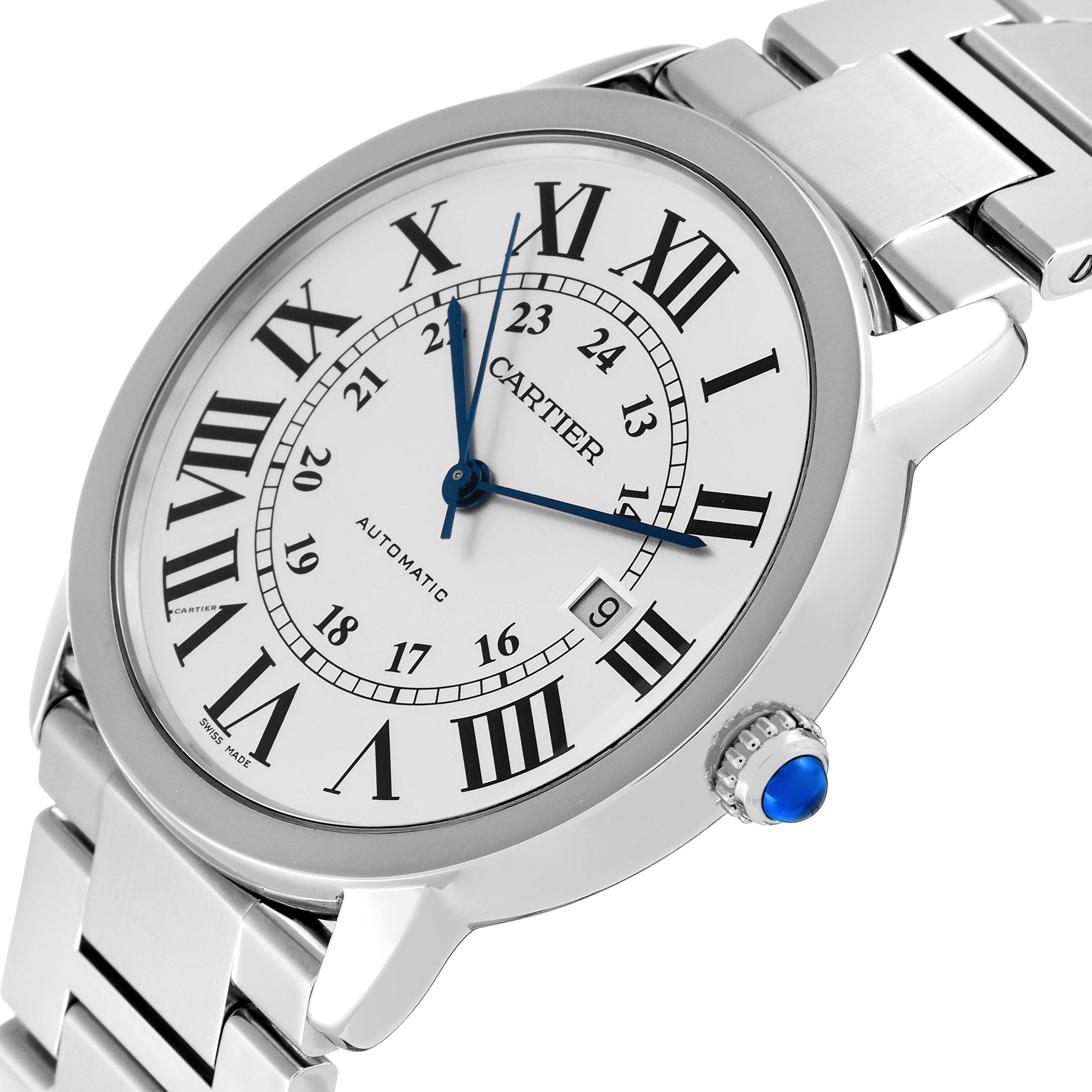 This image shows a close-up angle of the Cartier Ronde W6701011 Men
s Stainless Steel Silver Dial W6701011 Men
s Stainless Steel Silver Dial watch, highlighting the face, crown, and band.