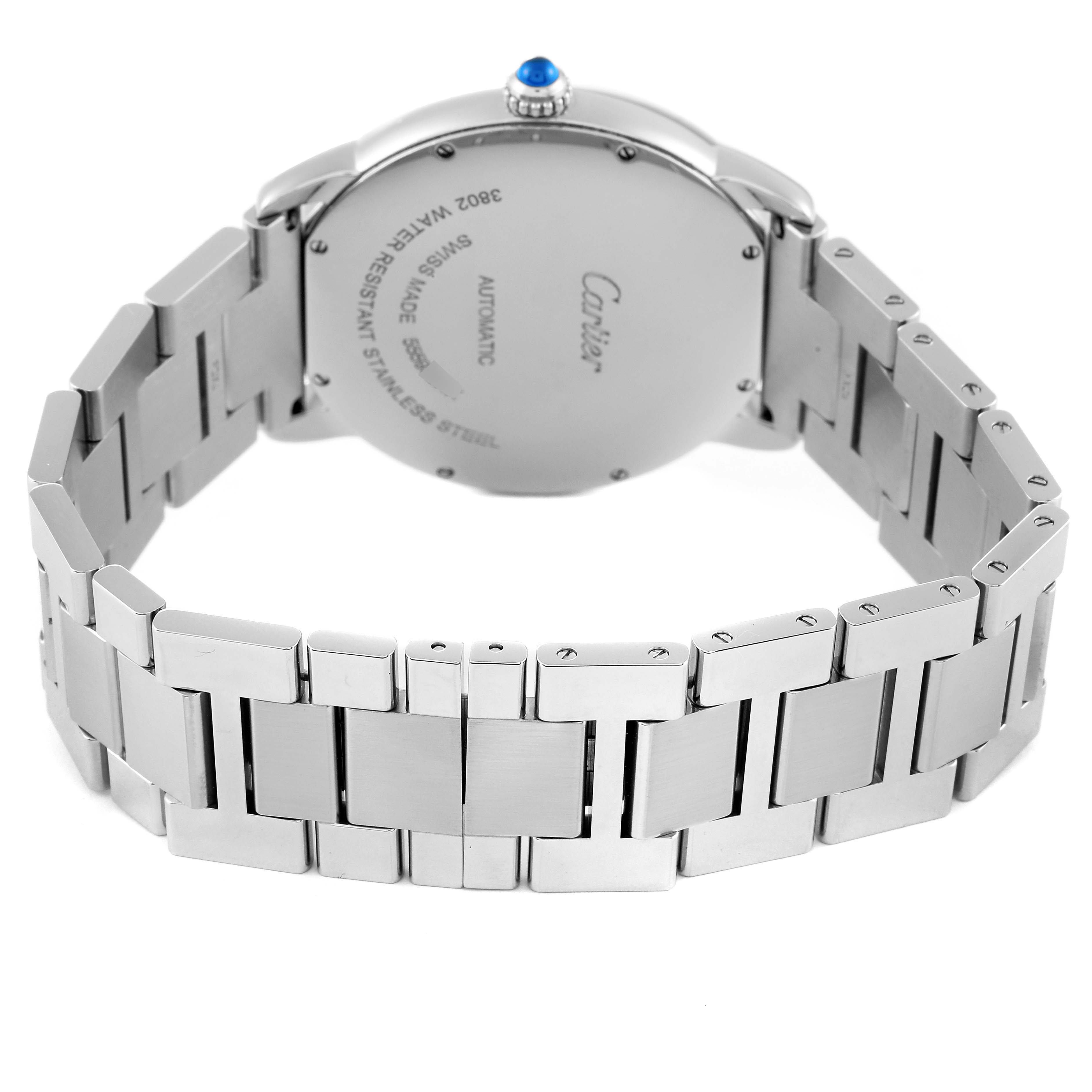 This image shows the back of the Cartier Ronde W6701011 Men
s Stainless Steel Silver Dial W6701011 Men
s Stainless Steel Silver Dial watch, focusing on the case back and stainless steel bracelet.