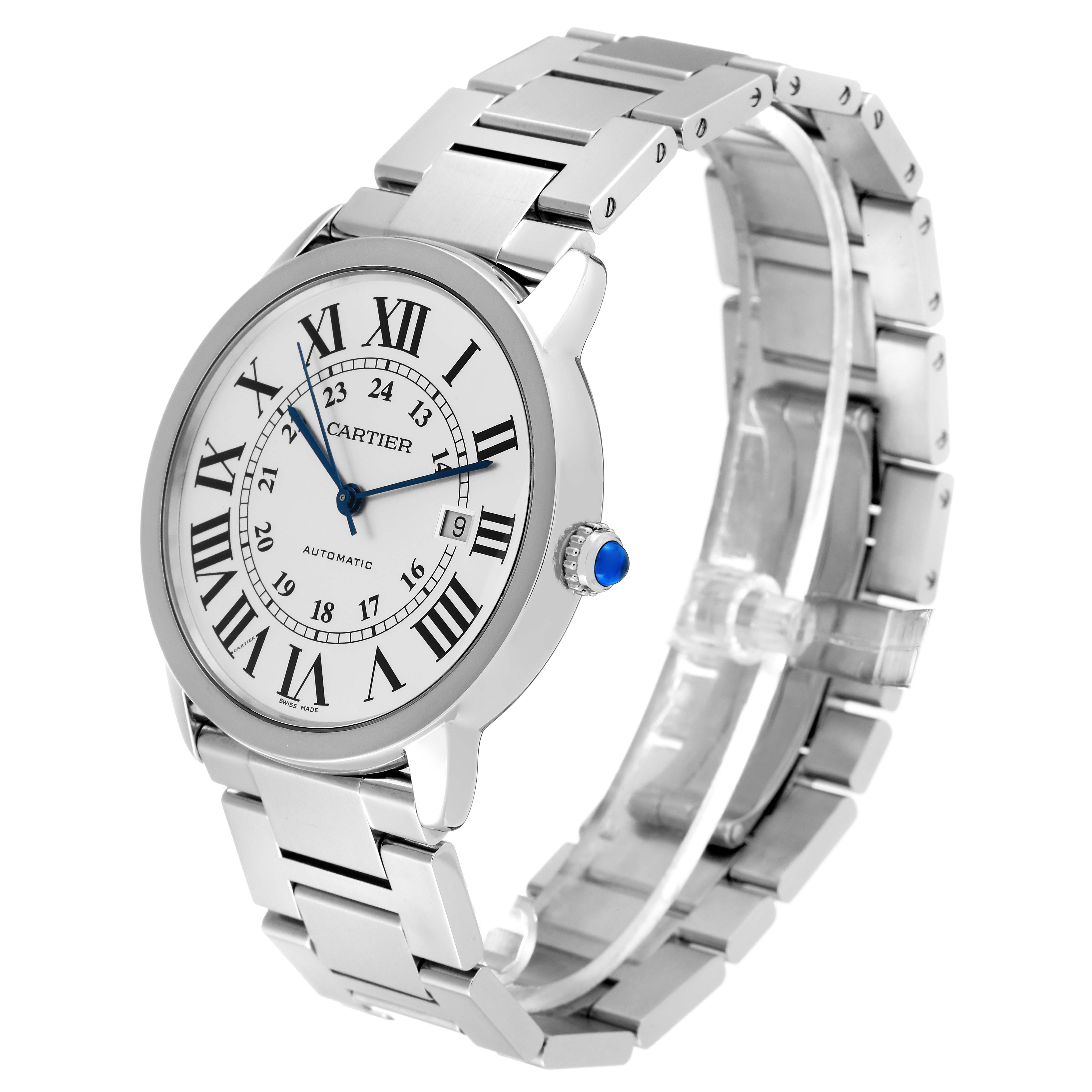The image shows a Cartier Ronde W6701011 Men
s Stainless Steel Silver Dial W6701011 Men
s Stainless Steel Silver Dial model watch at a three-quarter angle, highlighting its face, crown, and metal bracelet.