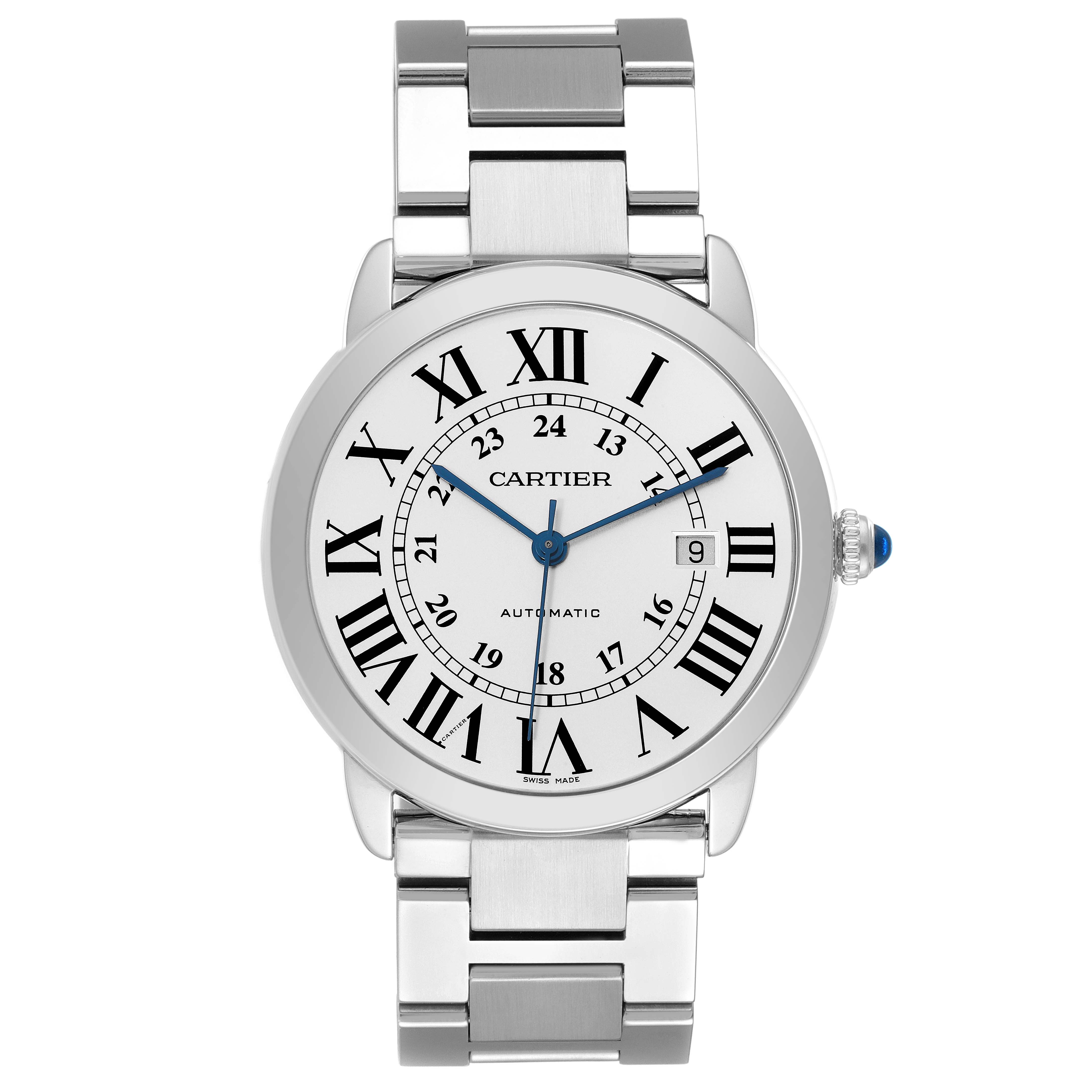 This image shows a front view of the Cartier Ronde W6701011 Men
s Stainless Steel Silver Dial W6701011 Men
s Stainless Steel Silver Dial model watch, displaying its Roman numeral dial and metal bracelet.