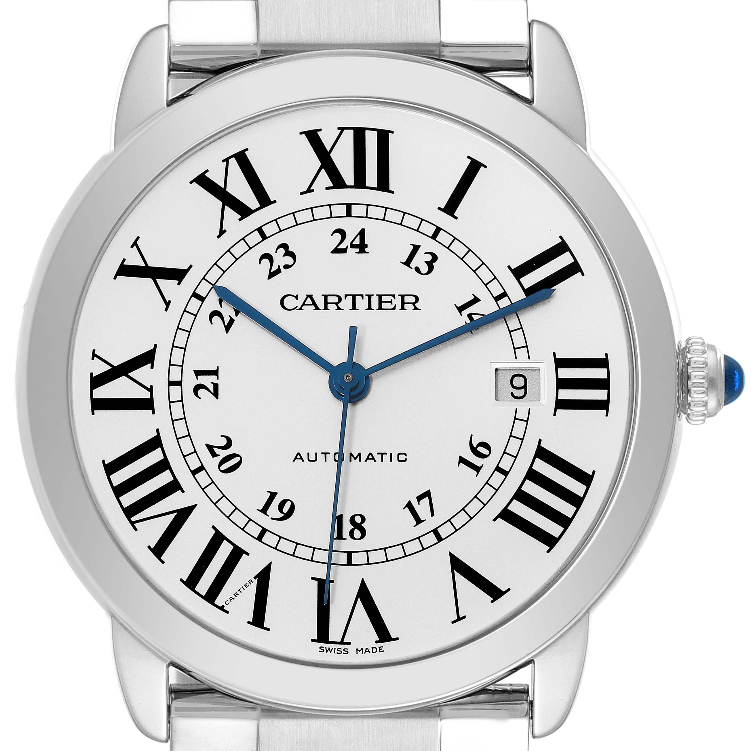 The image shows the face of a Cartier Ronde W6701011 Men
s Stainless Steel Silver Dial W6701011 Men
s Stainless Steel Silver Dial model watch, displaying Roman numerals, date, and blue hands.