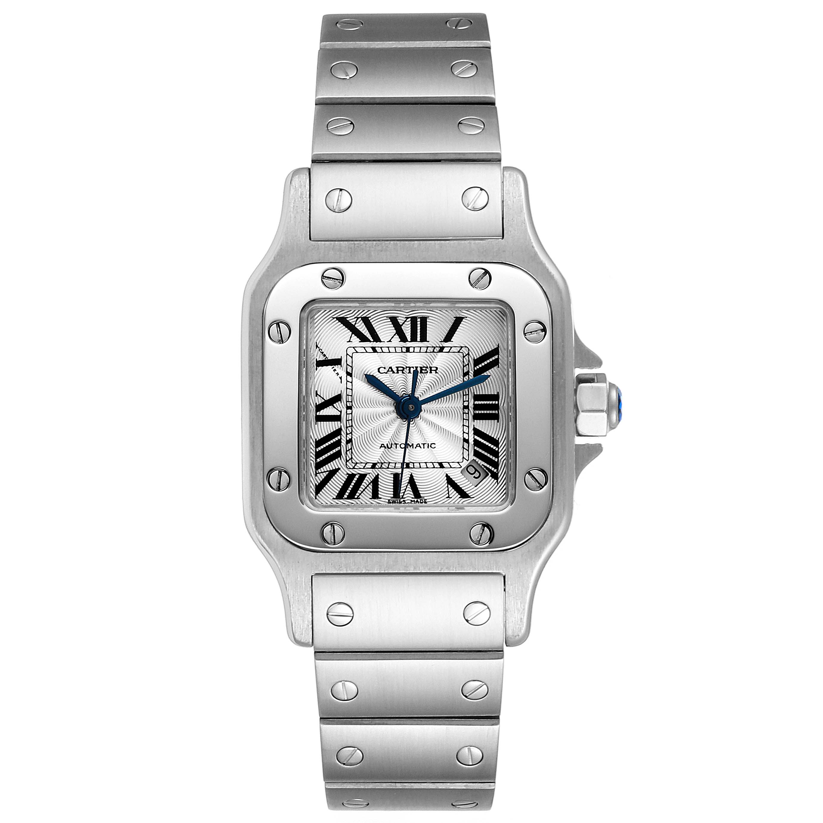 This image shows a Cartier Santos W20044D6 Women's Stainless Steel Silver Dial W20044D6 Women's Stainless Steel Silver Dial watch from a front angle, highlighting its square dial, screws, and metal bracelet.