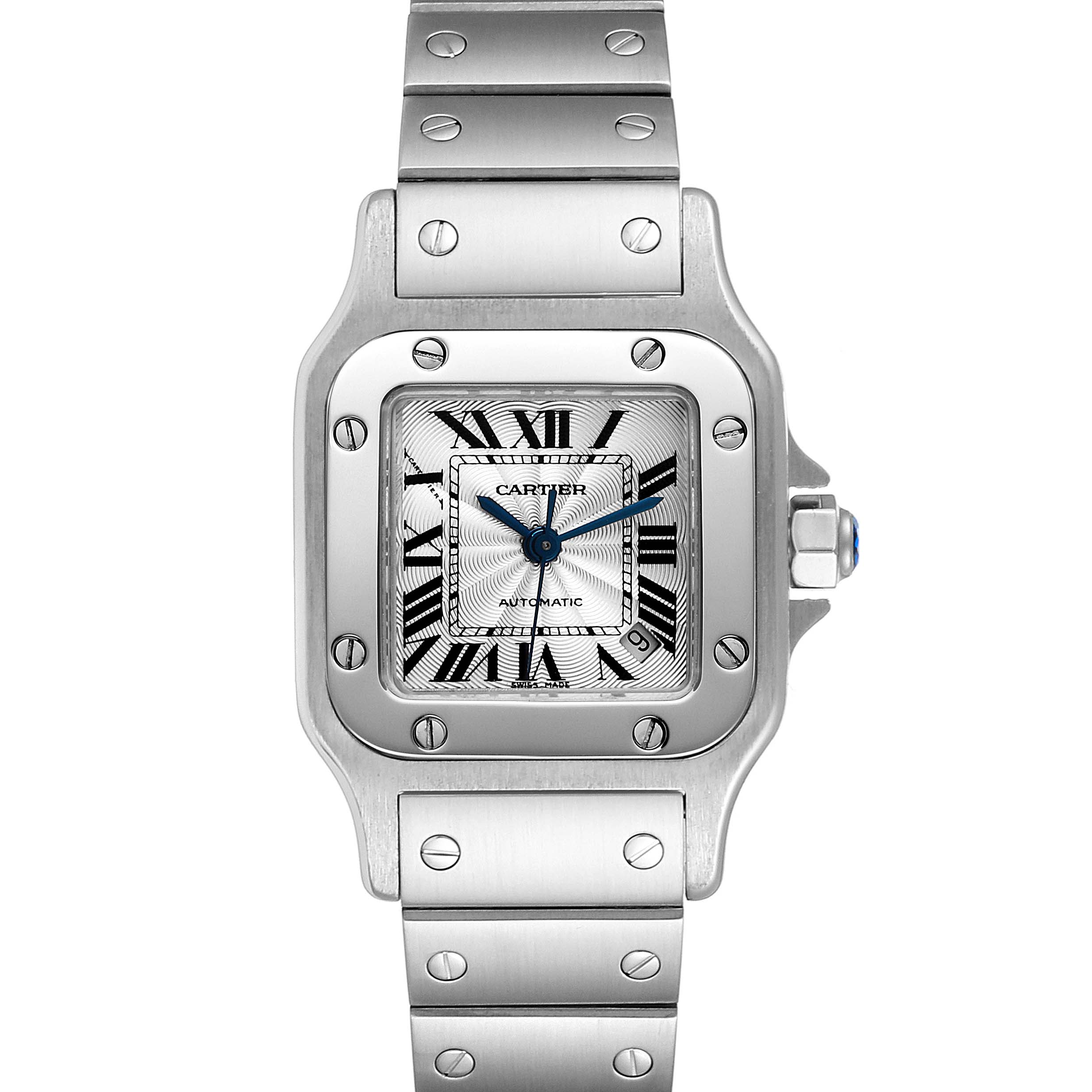 The image shows a front view of a Cartier Santos W20044D6 Women's Stainless Steel Silver Dial W20044D6 Women's Stainless Steel Silver Dial watch, highlighting the face, case, and strap.