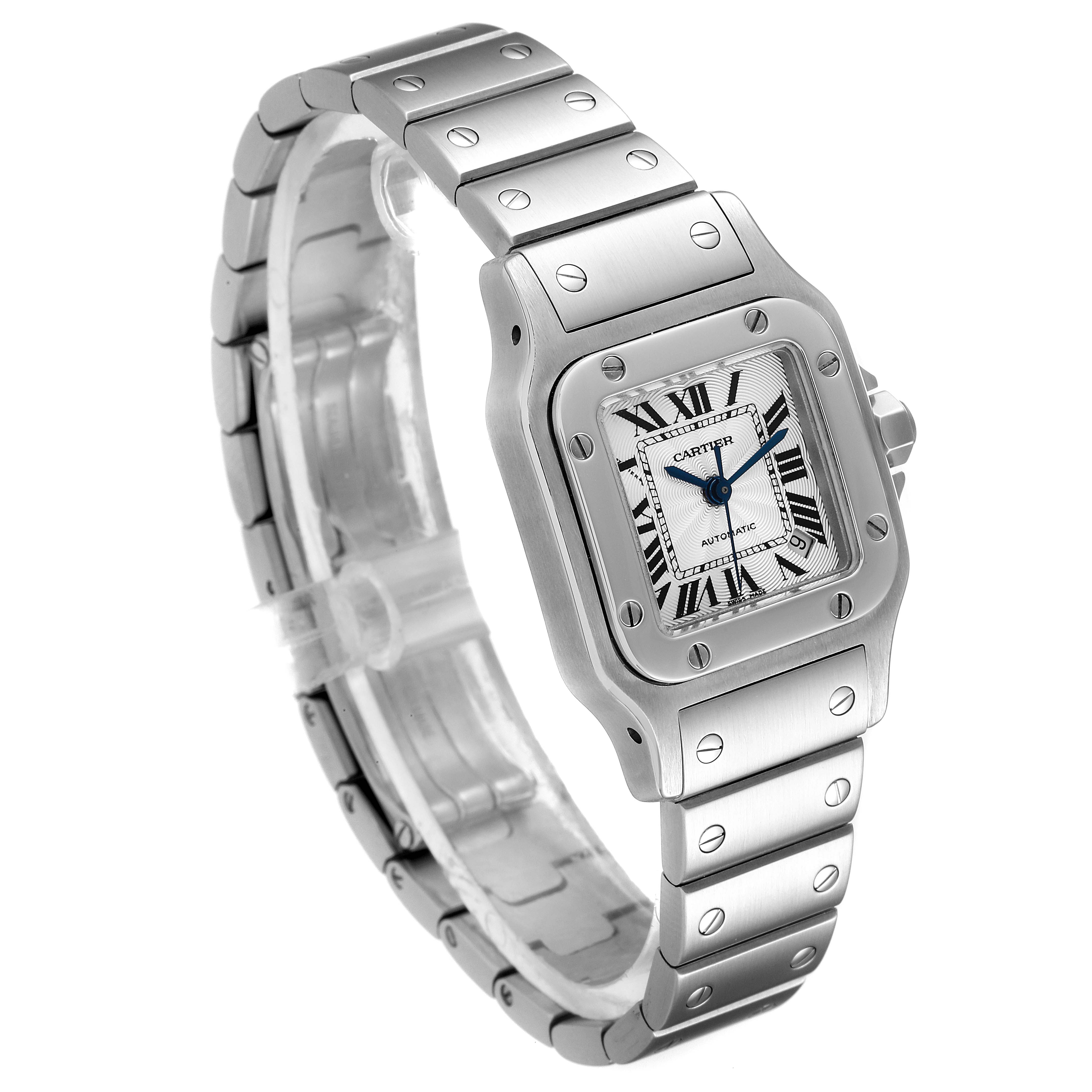 This image shows an angled view of a Cartier Santos W20044D6 Women's Stainless Steel Silver Dial W20044D6 Women's Stainless Steel Silver Dial watch displaying its face, bezel, and bracelet links.