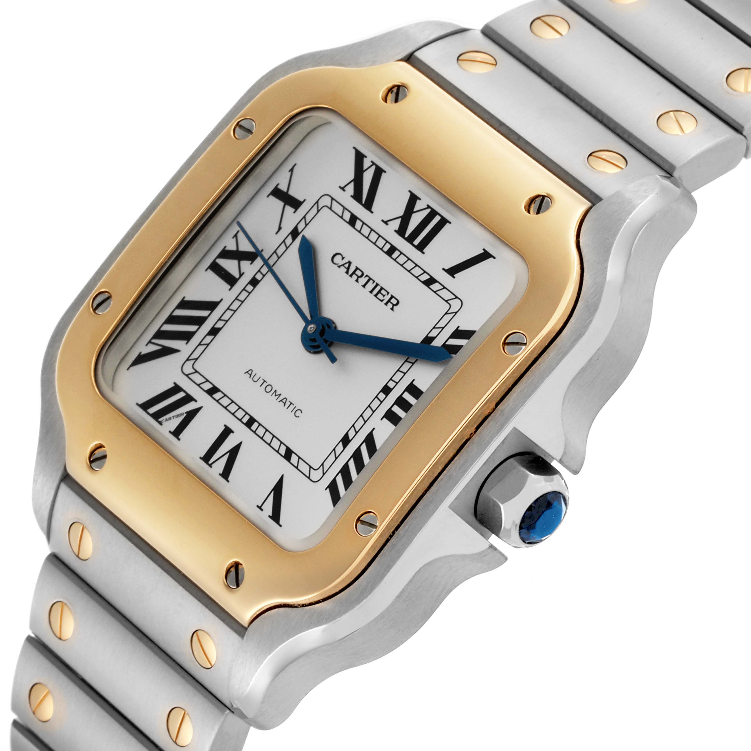 The Cartier Santos W2SA0016 Men's Steel and Gold (two tone) Silver Dial W2SA0016 Men's Steel and Gold (two tone) Silver Dial watch is shown at an angle highlighting the face, bezel, crown, and part of the bracelet.