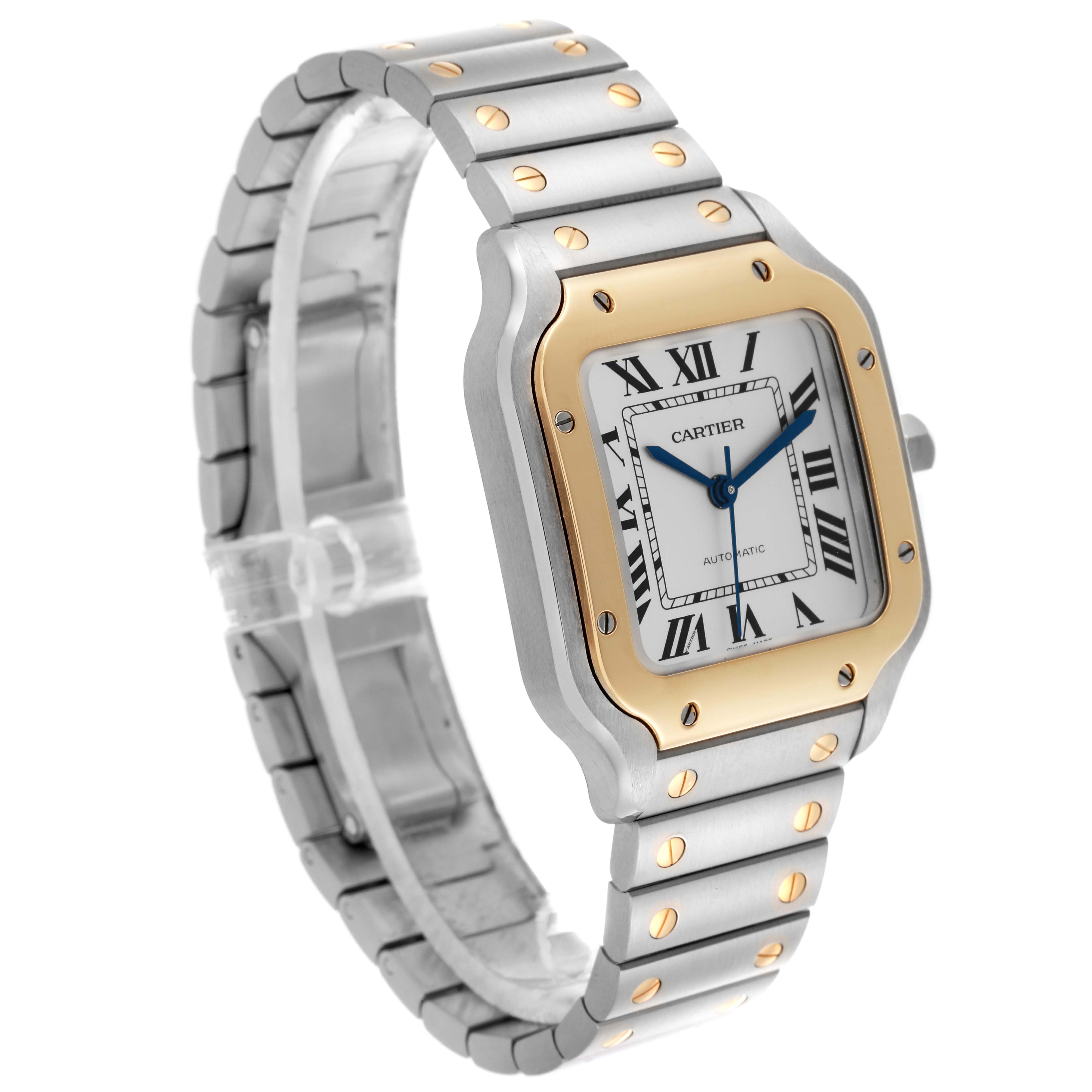 The Cartier Santos W2SA0016 Men's Steel and Gold (two tone) Silver Dial W2SA0016 Men's Steel and Gold (two tone) Silver Dial watch is shown from a three-quarter angle, highlighting its face, bezel, and metal bracelet.
