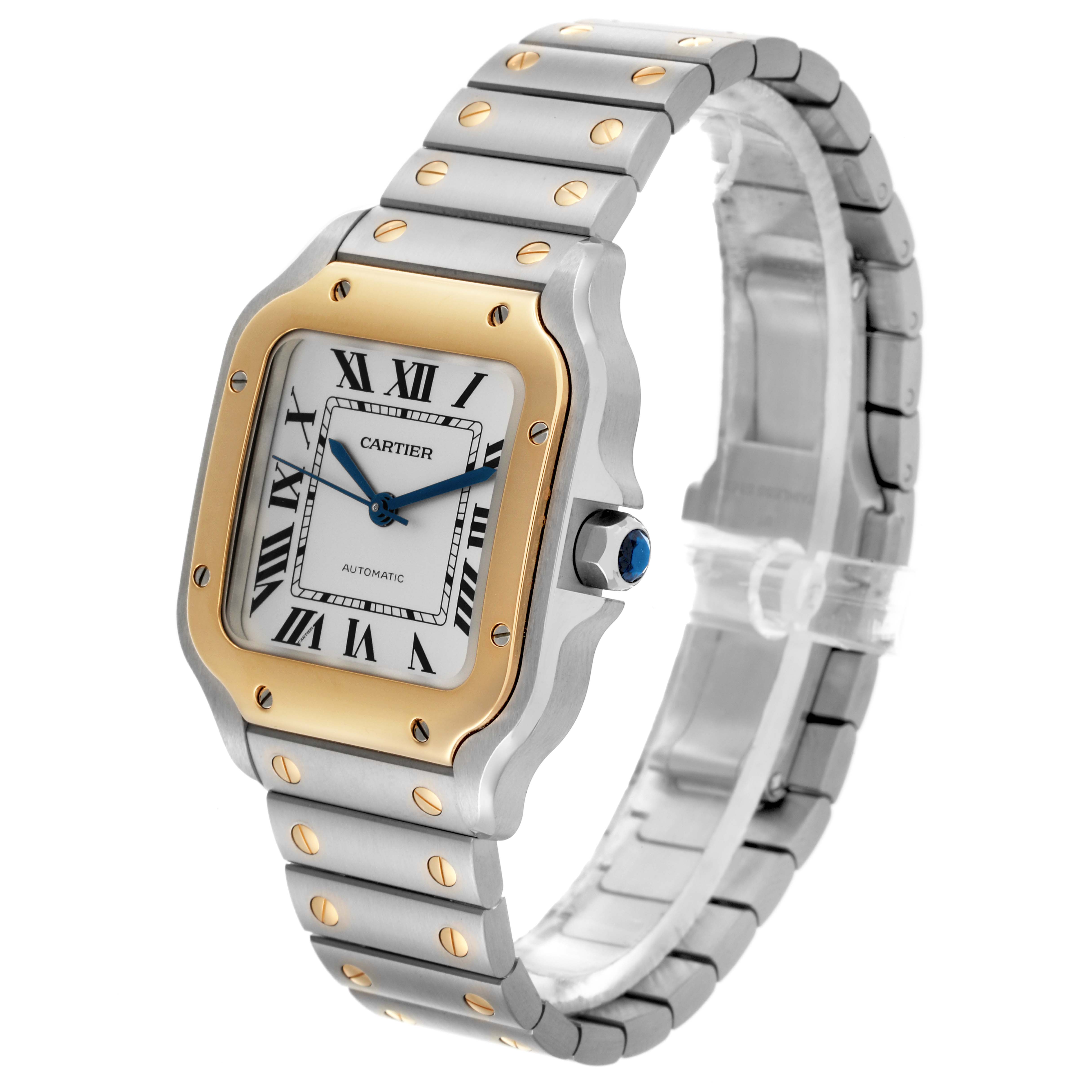 The Cartier Santos W2SA0016 Men's Steel and Gold (two tone) Silver Dial W2SA0016 Men's Steel and Gold (two tone) Silver Dial watch is shown from a side angle, highlighting the face, bezel, crown, and bracelet.
