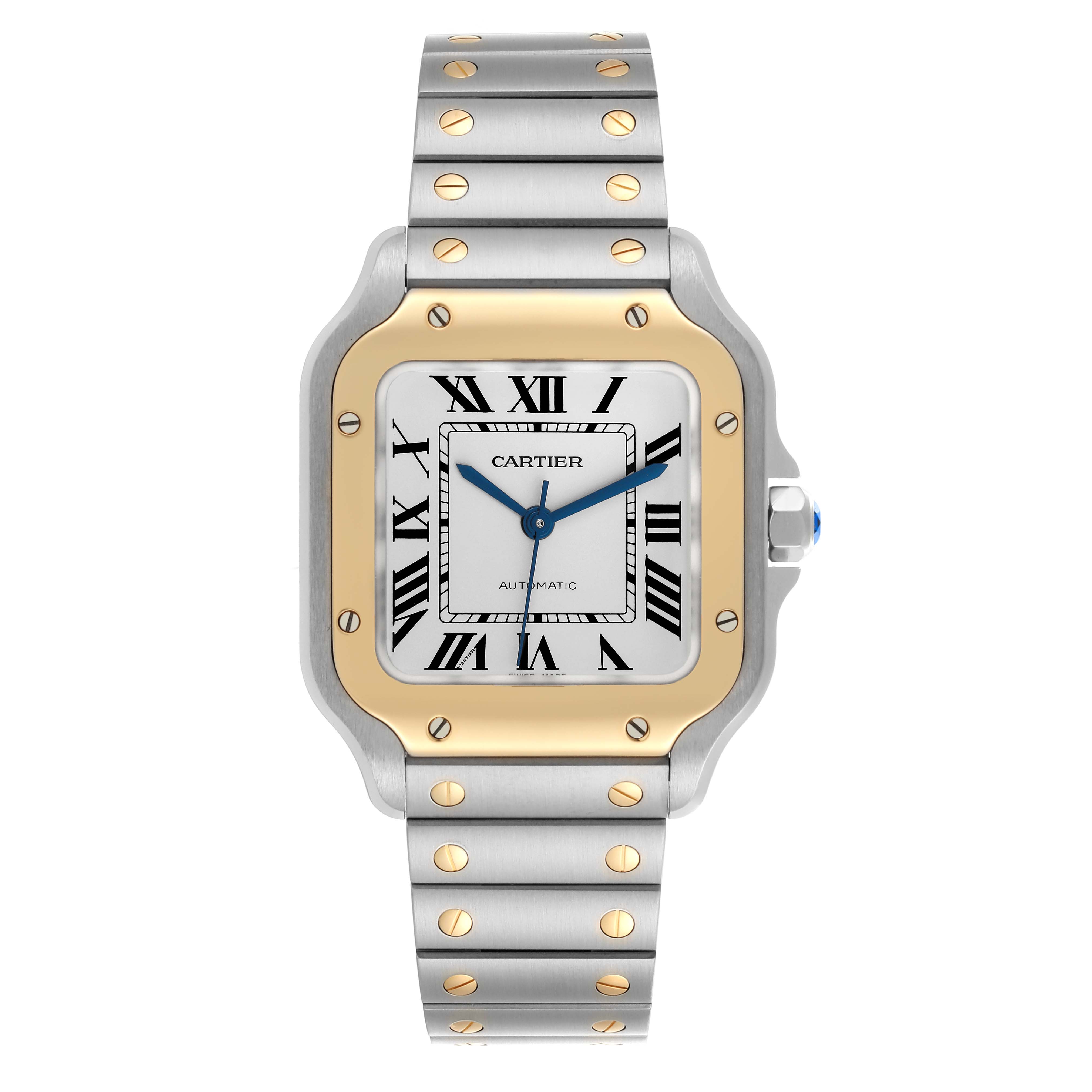 The Cartier Santos W2SA0016 Men's Steel and Gold (two tone) Silver Dial W2SA0016 Men's Steel and Gold (two tone) Silver Dial watch is shown from a front angle, displaying the face, bezel, bracelet, and crown.