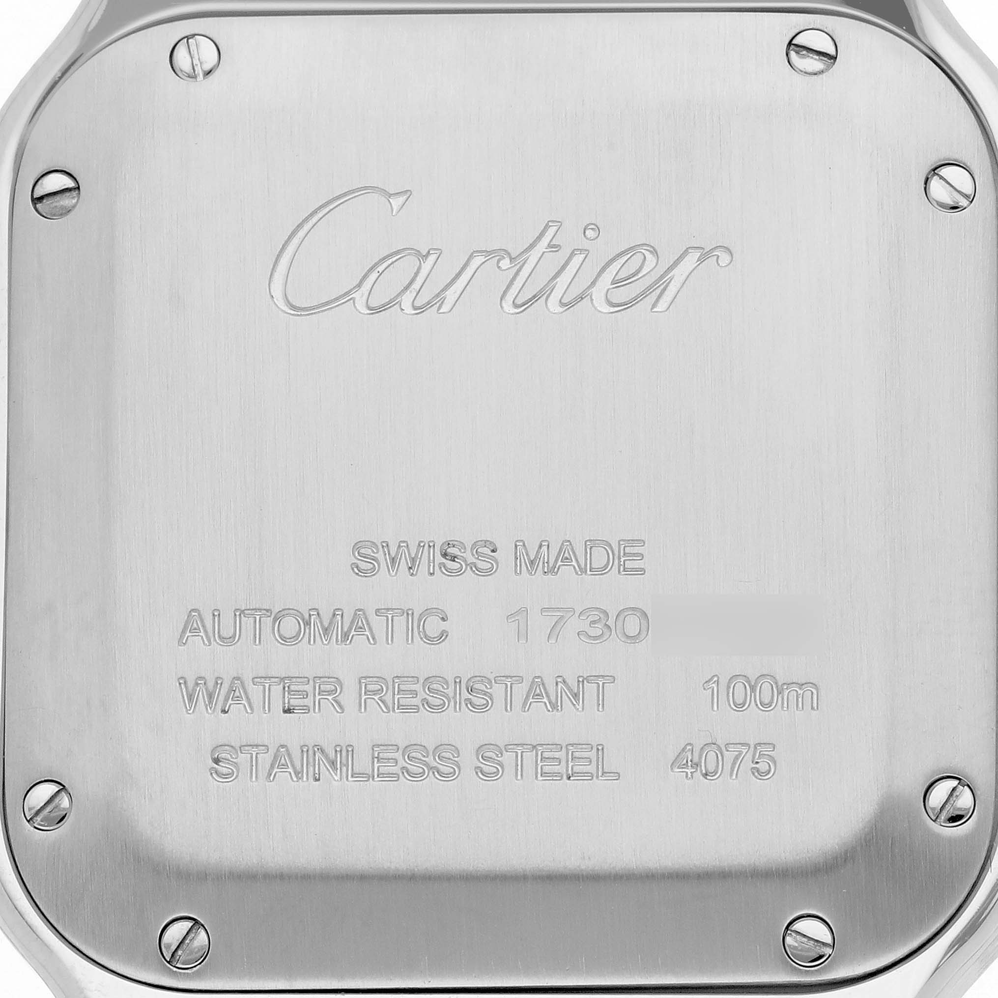 The image shows the back case of a Cartier Santos W2SA0016 Men's Steel and Gold (two tone) Silver Dial W2SA0016 Men's Steel and Gold (two tone) Silver Dial watch, highlighting its water resistance and stainless steel material.