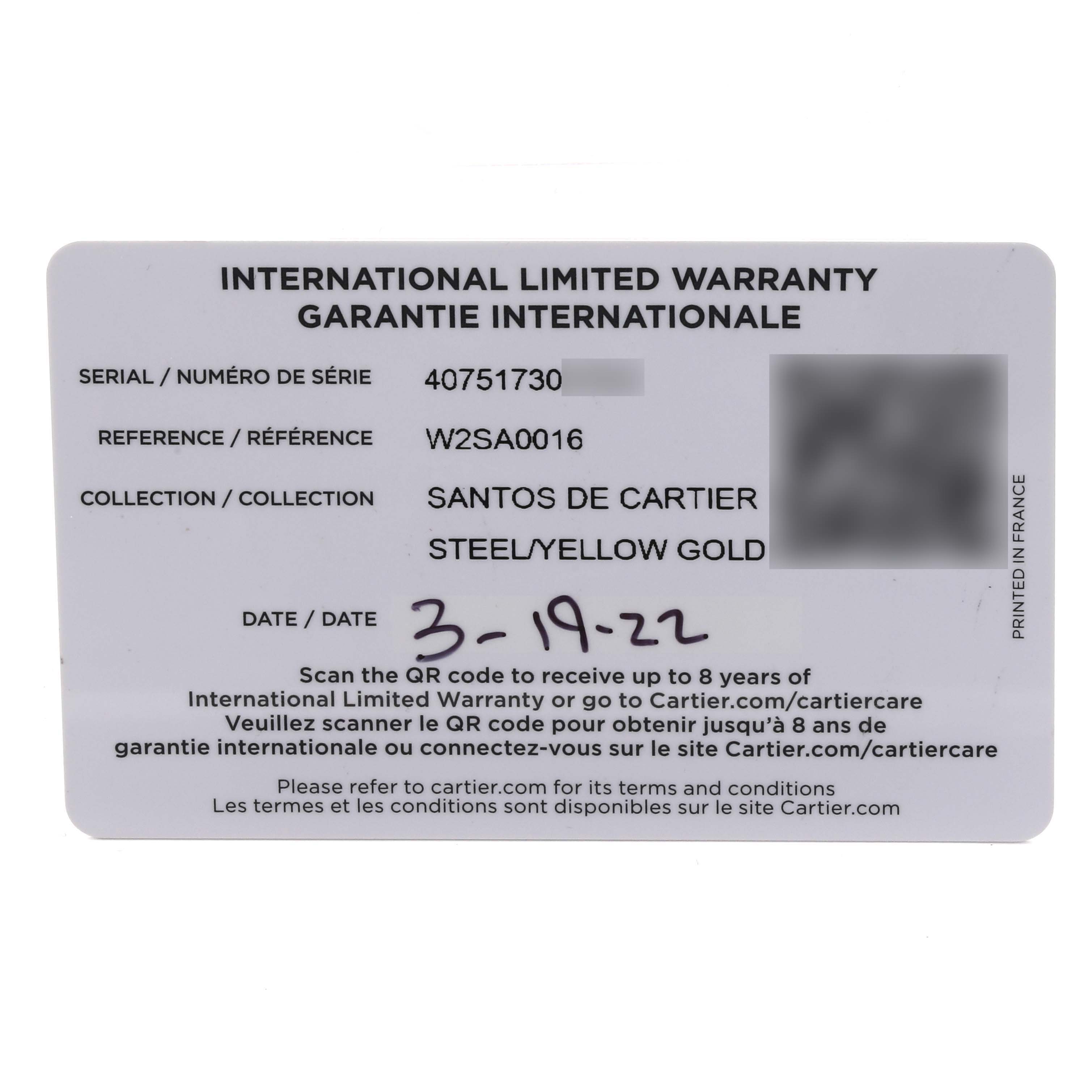 The image shows an international limited warranty card for the Santos de Cartier watch, featuring serial and reference details.