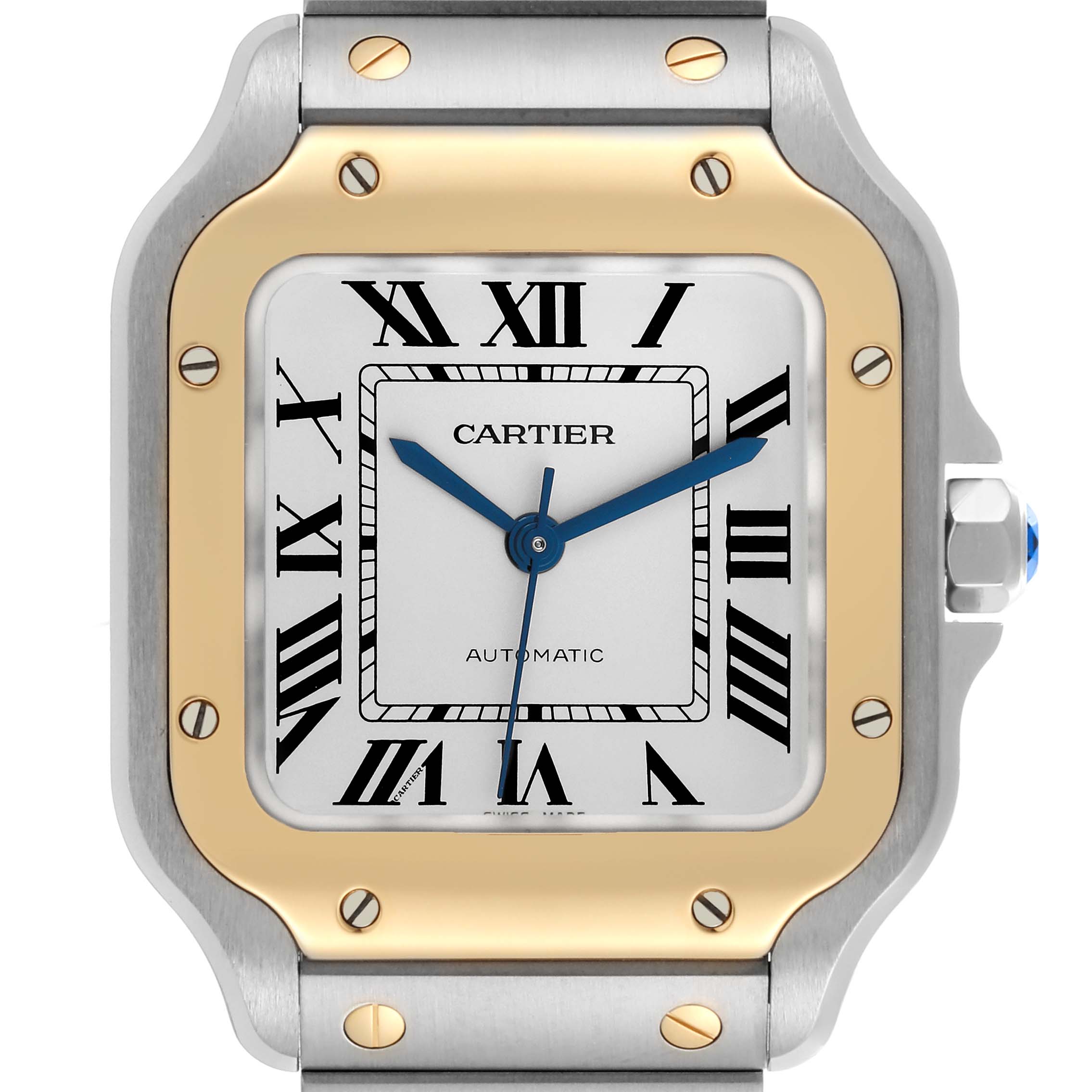 The Cartier Santos W2SA0016 Men's Steel and Gold (two tone) Silver Dial W2SA0016 Men's Steel and Gold (two tone) Silver Dial watch is shown from the front, highlighting the face, blue steel hands, and gold bezel.