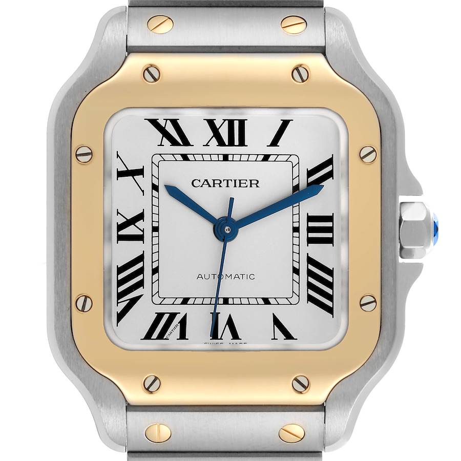 The Cartier Santos watch is shown from the front, highlighting the face, blue steel hands, and gold bezel.