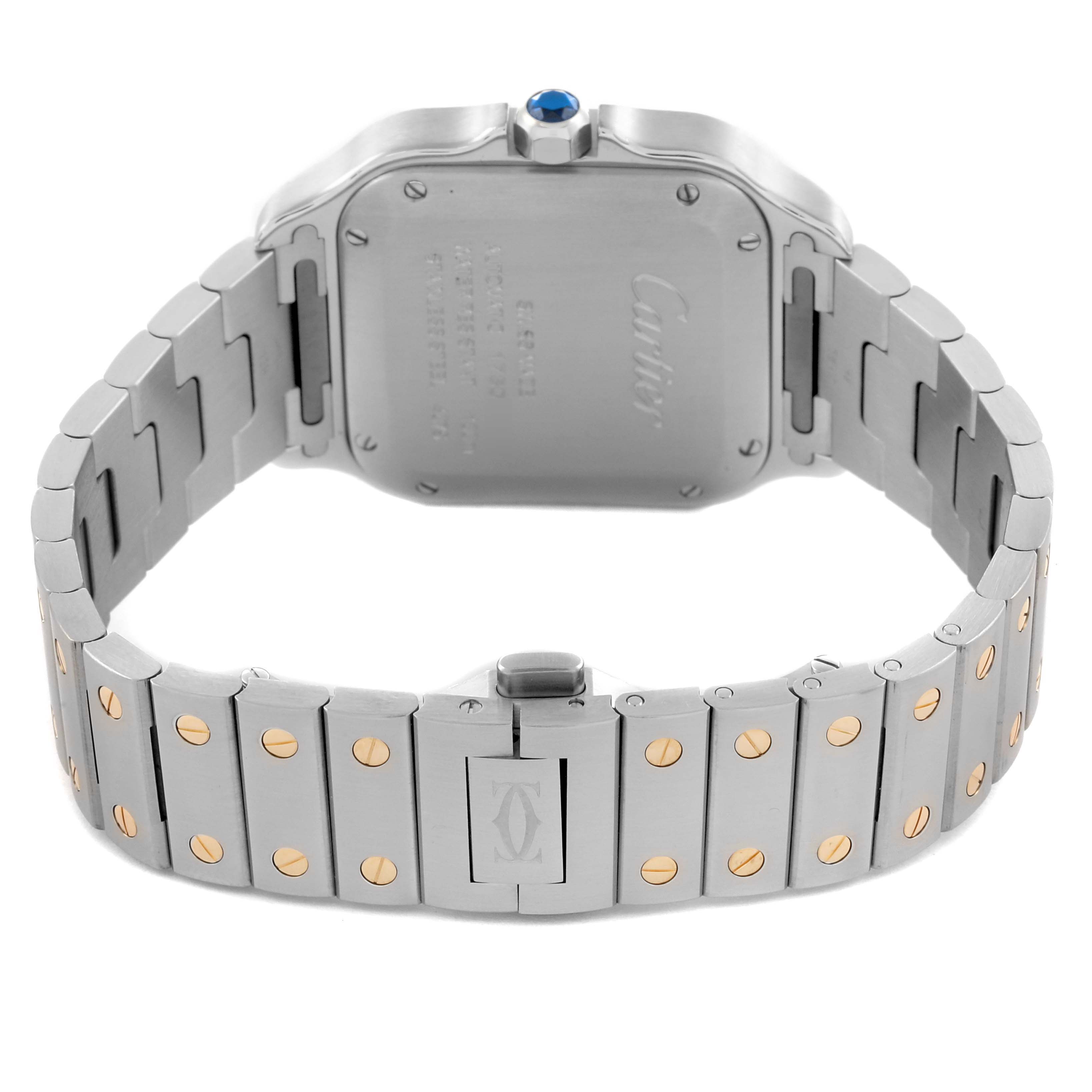 The Cartier Santos W2SA0016 Men's Steel and Gold (two tone) Silver Dial W2SA0016 Men's Steel and Gold (two tone) Silver Dial watch is shown from the back, highlighting its bracelet with gold screws and clasp.