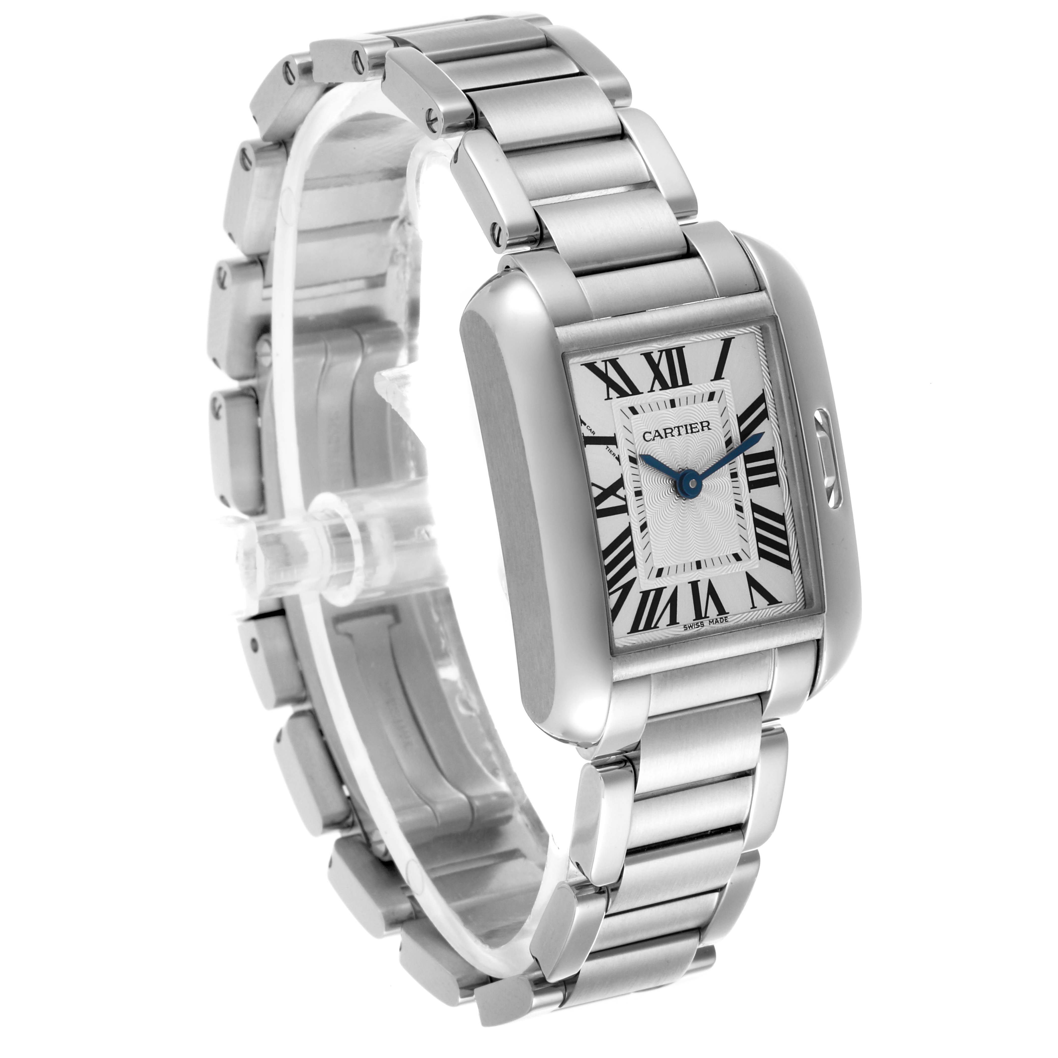 The Cartier Tank Anglaise W5310022 Women
s Stainless Steel Silver Dial W5310022 Women
s Stainless Steel Silver Dial watch is angled slightly to the side, showing the face, bezel, and metal bracelet.