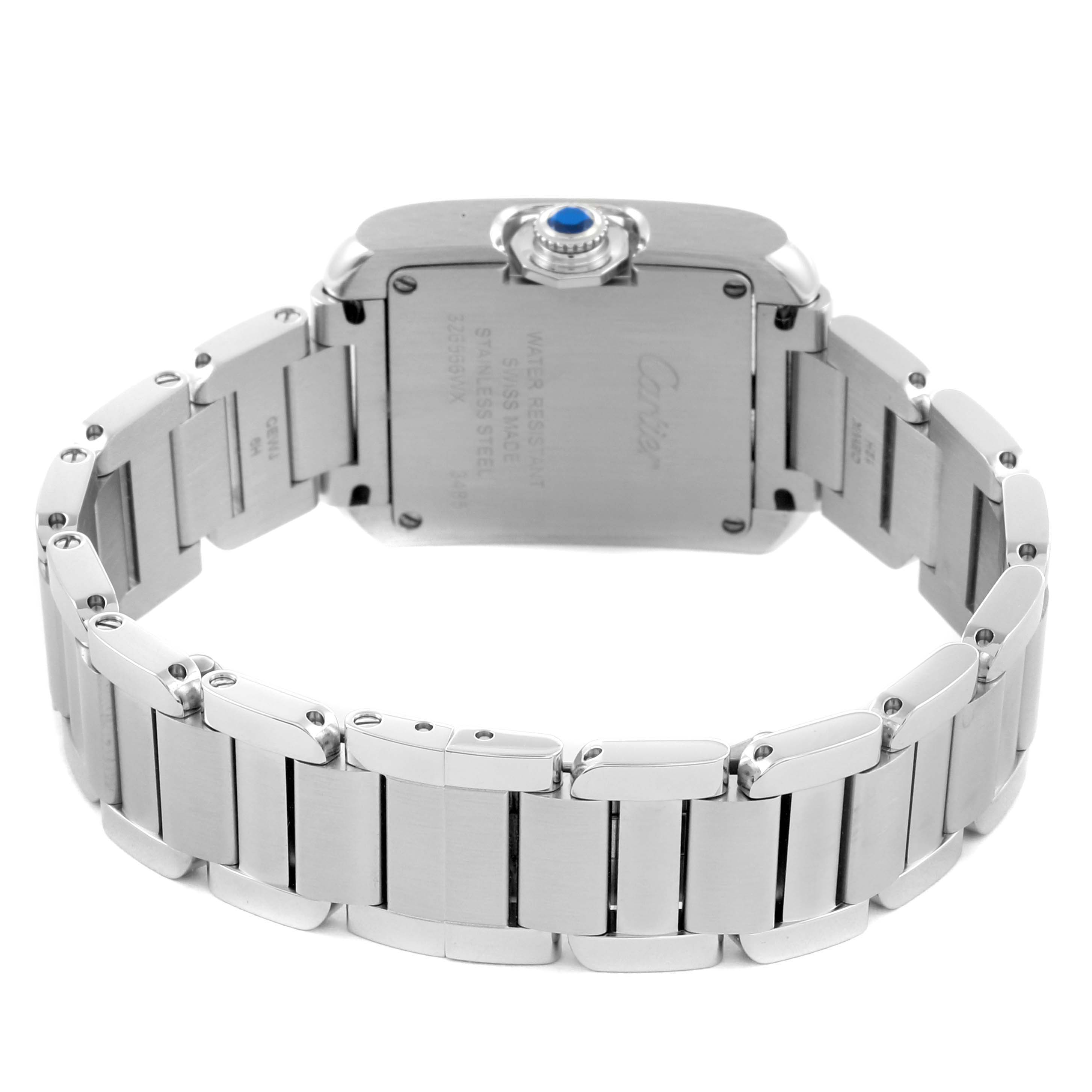 The image shows the back and side view of a Cartier Tank Anglaise W5310022 Women
s Stainless Steel Silver Dial W5310022 Women
s Stainless Steel Silver Dial watch, highlighting the bracelet and back case.