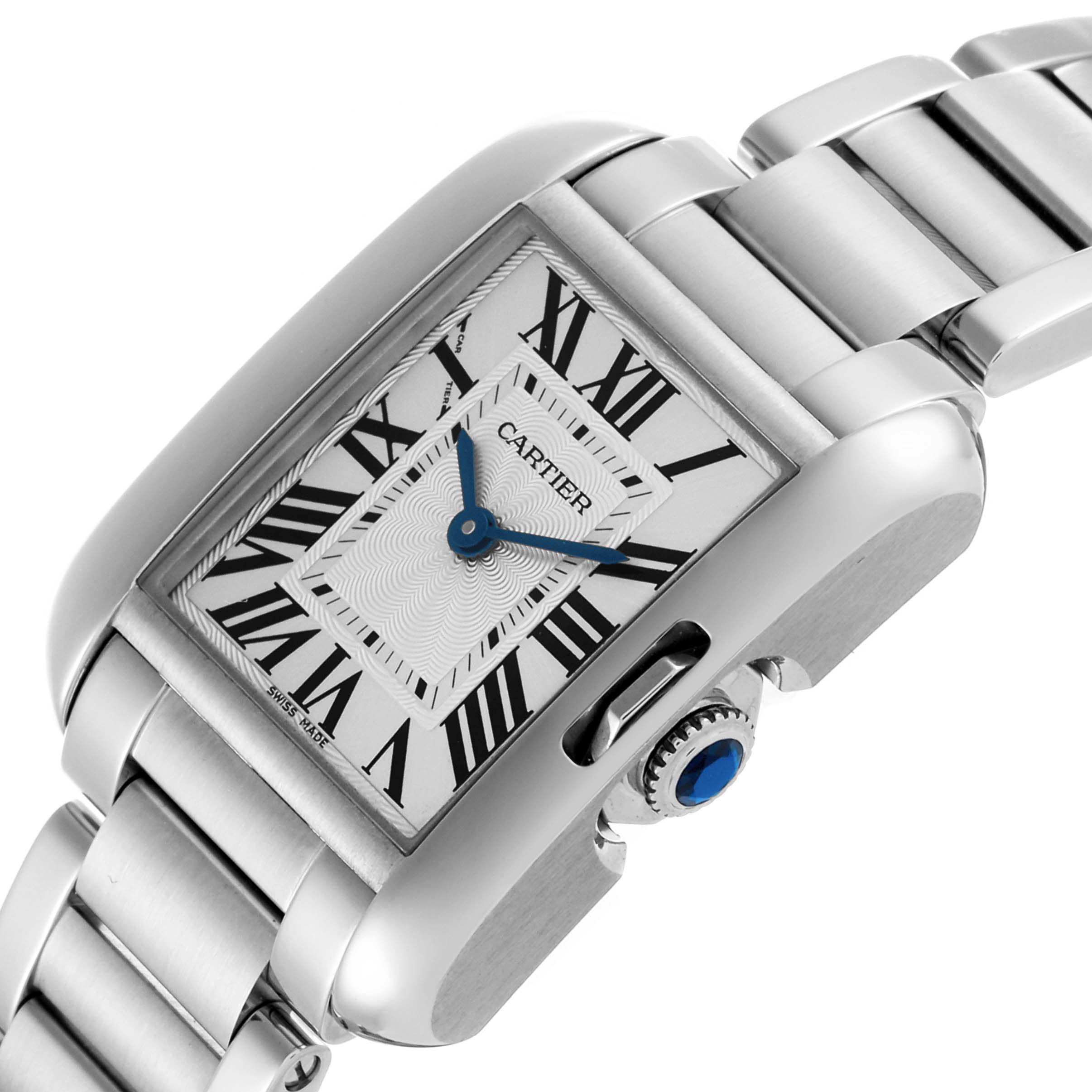 The Cartier Tank Anglaise W5310022 Women
s Stainless Steel Silver Dial W5310022 Women
s Stainless Steel Silver Dial watch is shown from an angled perspective, highlighting the face, crown, and part of the bracelet.