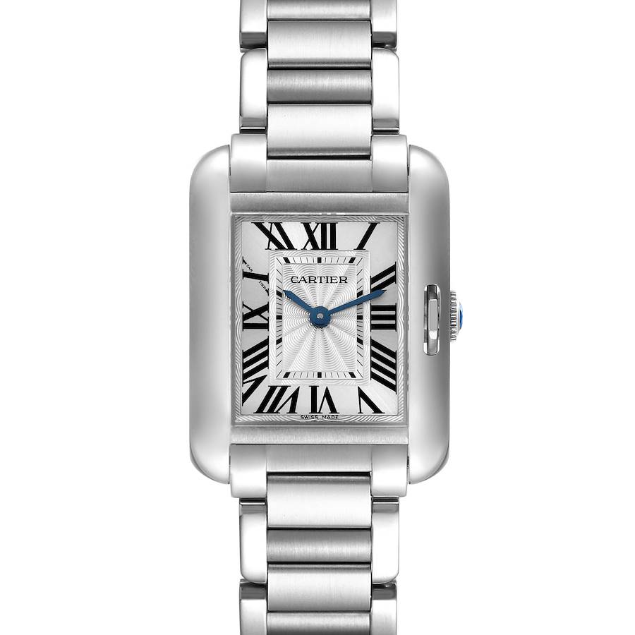 The Cartier Tank Anglaise watch is shown from a front view, displaying its face, Roman numerals, and metal bracelet.