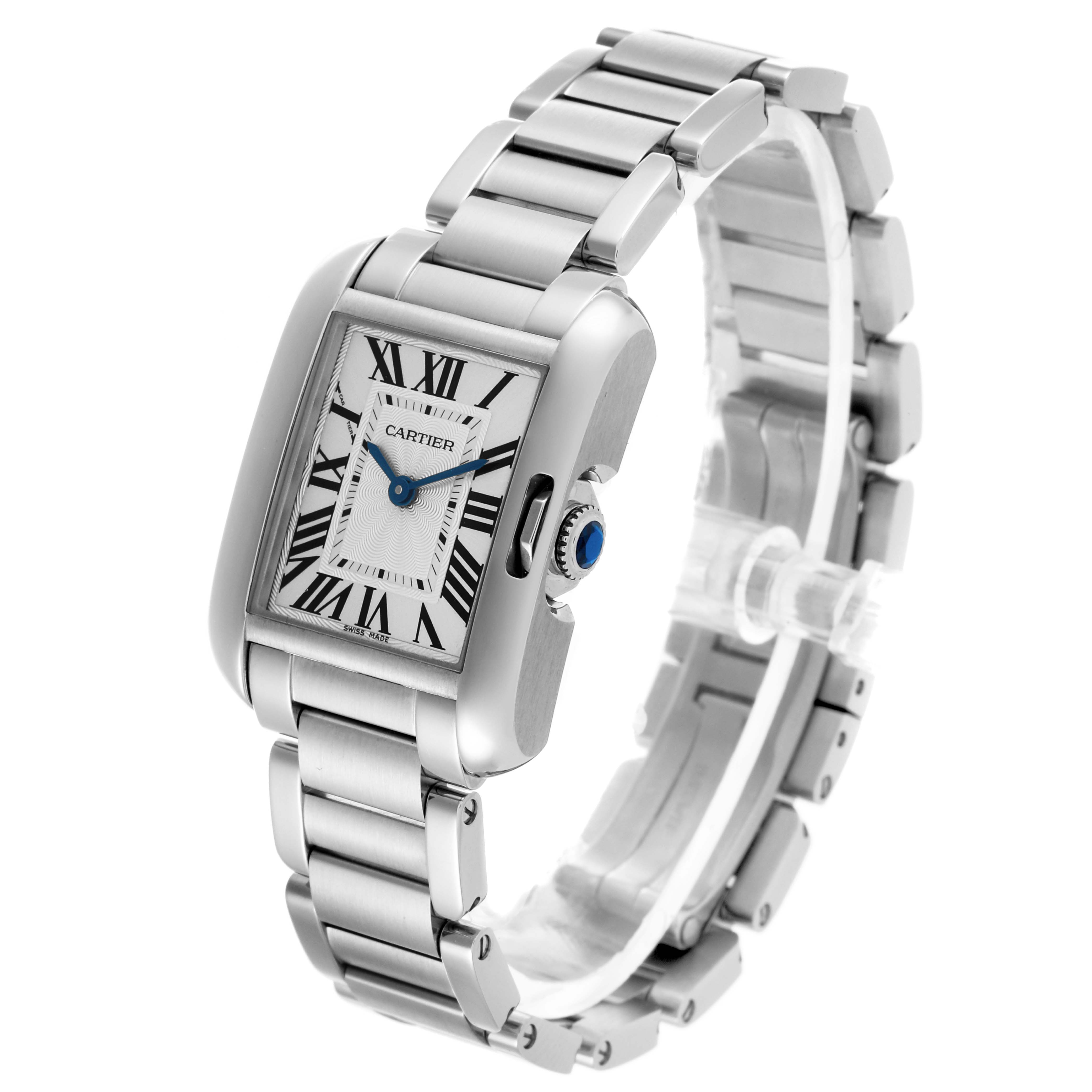 The Cartier Tank Anglaise W5310022 Women
s Stainless Steel Silver Dial W5310022 Women
s Stainless Steel Silver Dial watch is shown at a three-quarter angle, featuring the face, crown, and metal bracelet.