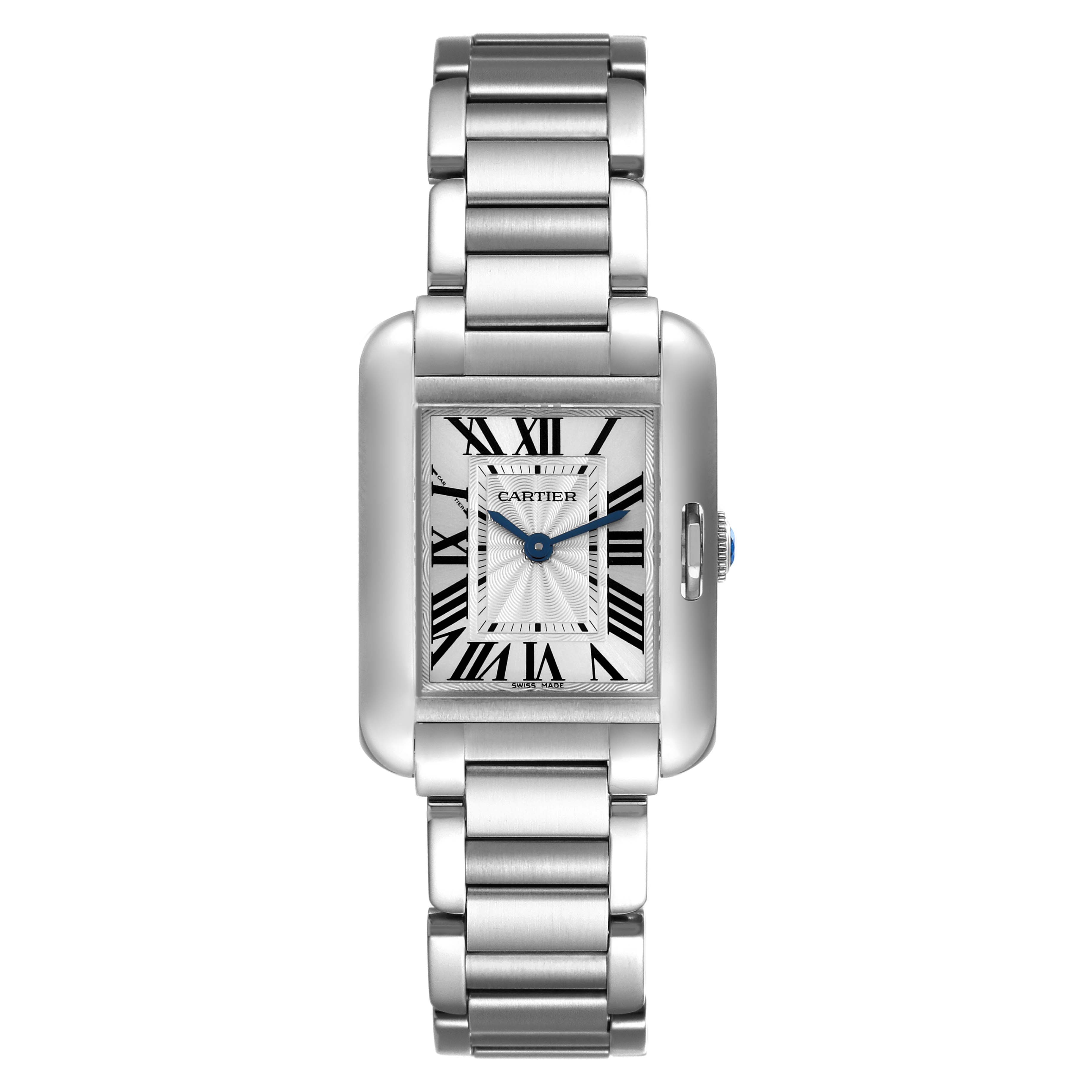 The Cartier Tank Anglaise W5310022 Women
s Stainless Steel Silver Dial W5310022 Women
s Stainless Steel Silver Dial watch is shown from a front angle, displaying the face, bracelet, and crown.