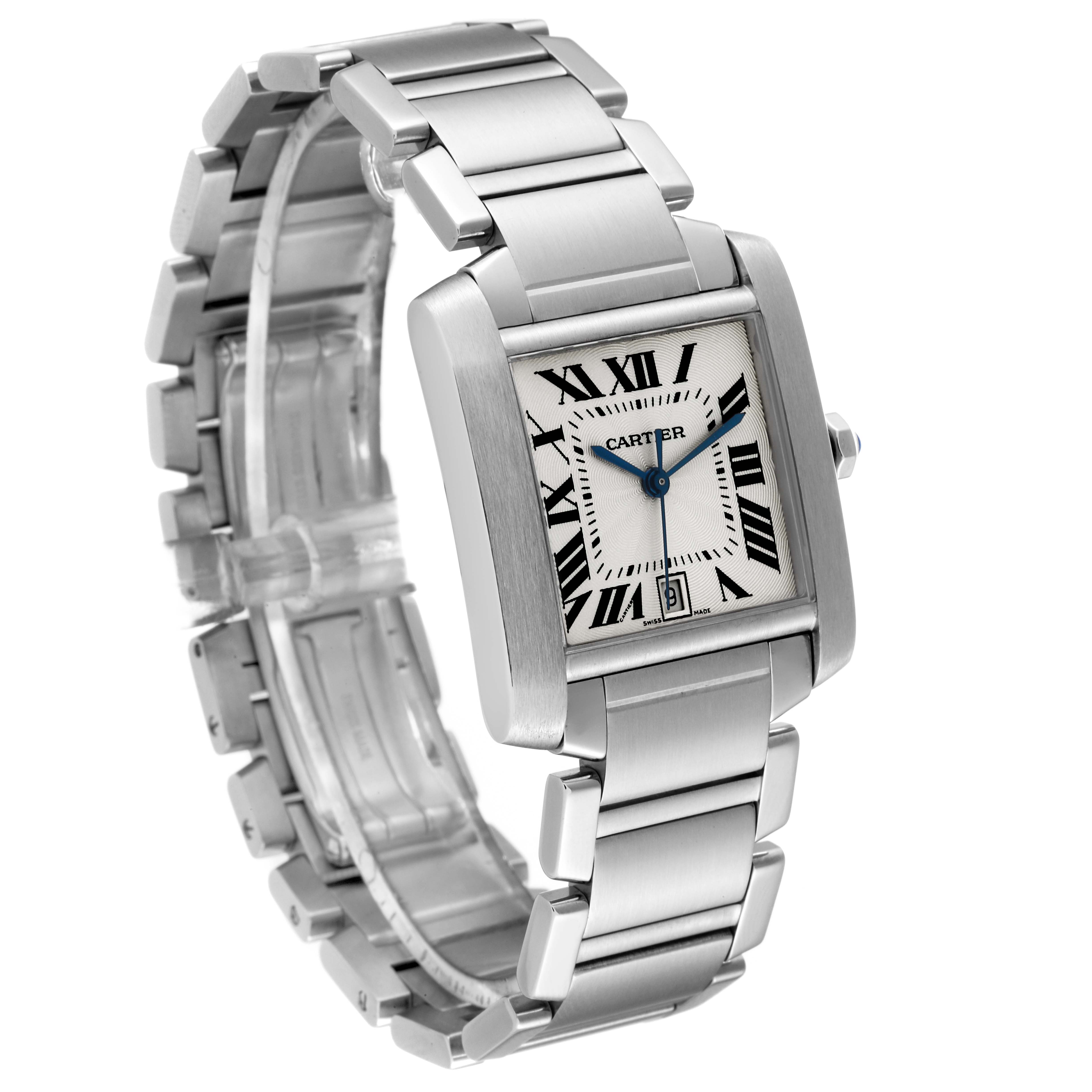The image shows a Cartier Tank Francaise W51002Q3 Men
s Stainless Steel Silver Dial W51002Q3 Men
s Stainless Steel Silver Dial watch at an angle highlighting the stainless steel bracelet, rectangular case, and Roman numeral dial.