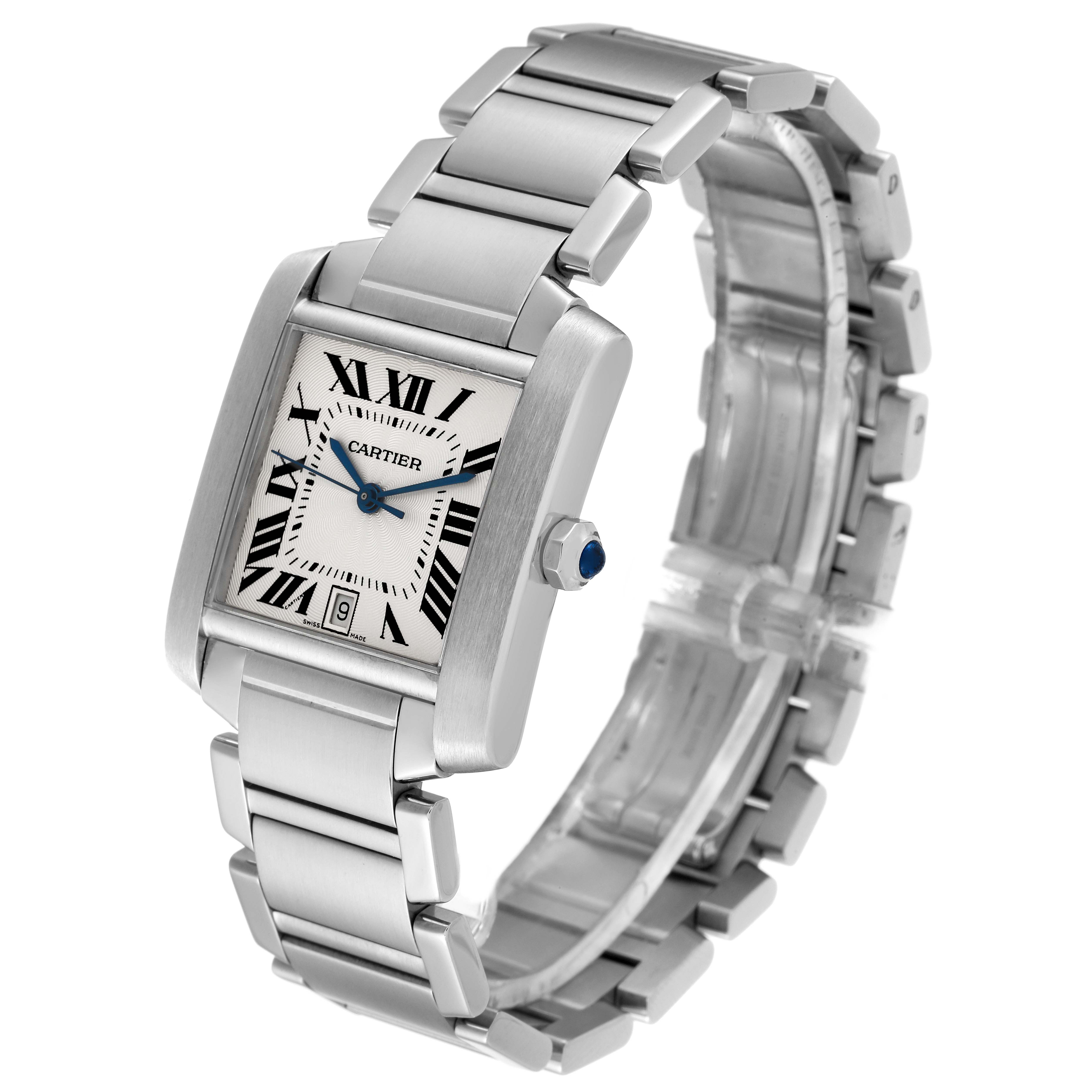 The Cartier Tank Francaise W51002Q3 Men
s Stainless Steel Silver Dial W51002Q3 Men
s Stainless Steel Silver Dial watch is shown at a slight angle, displaying the face, a portion of the strap, and the crown with a blue gemstone.