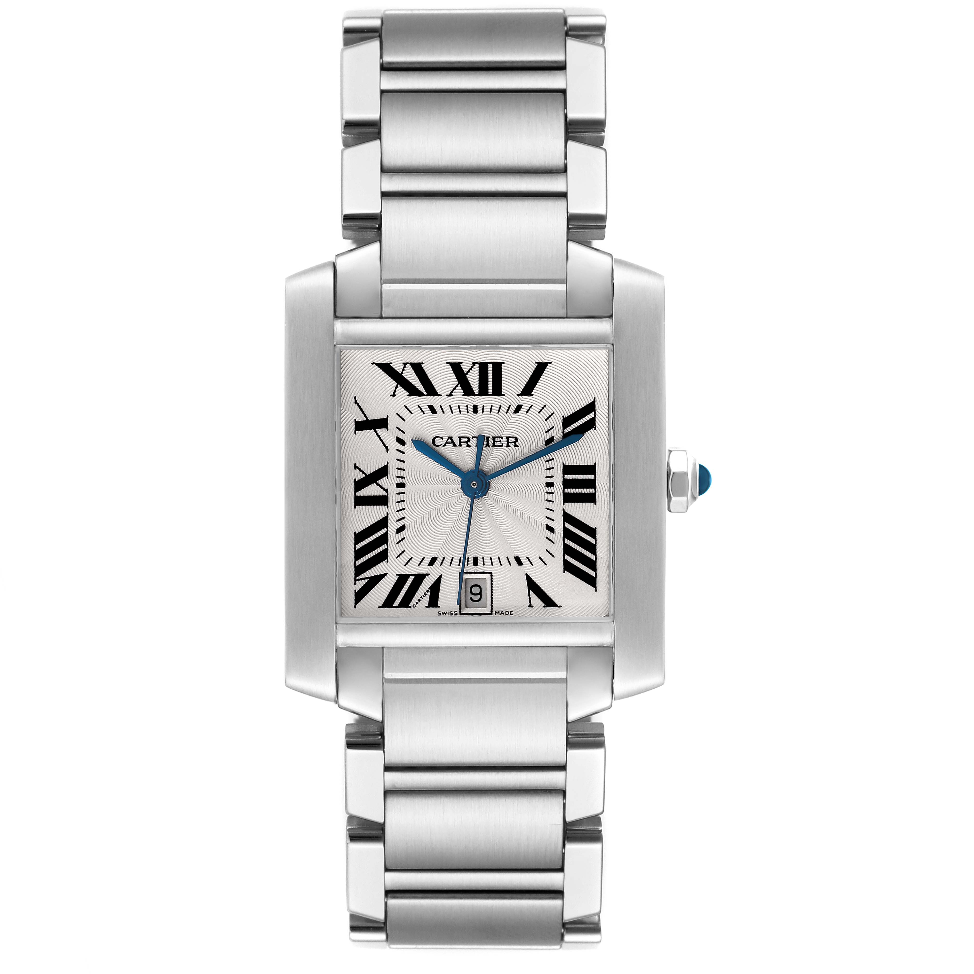 The image shows a frontal view of a Cartier Tank Francaise W51002Q3 Men
s Stainless Steel Silver Dial W51002Q3 Men
s Stainless Steel Silver Dial watch, highlighting the analog face, stainless steel case, and bracelet.