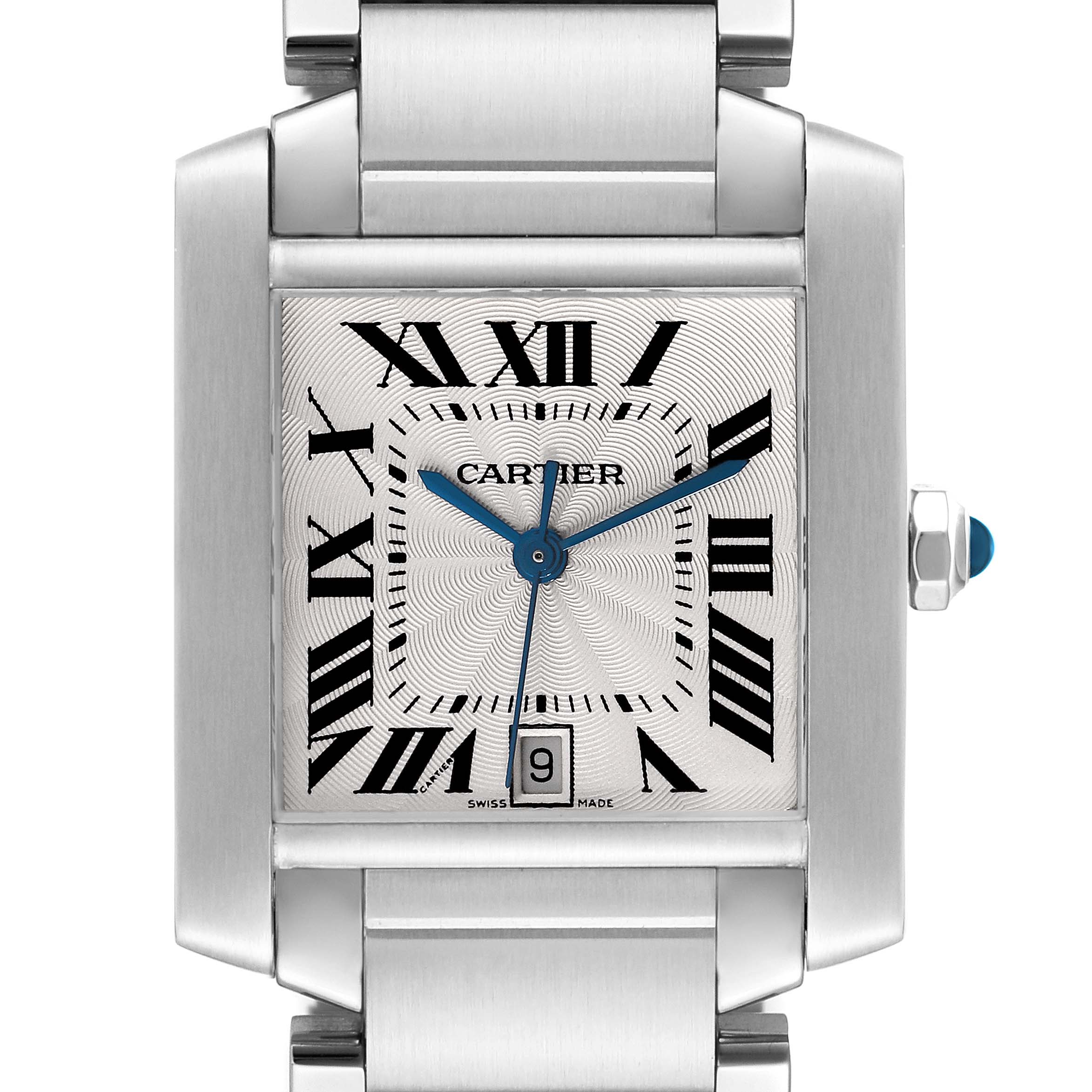 This image shows a front view of the Cartier Tank Francaise W51002Q3 Men
s Stainless Steel Silver Dial W51002Q3 Men
s Stainless Steel Silver Dial watch, highlighting its face, Roman numerals, and stainless steel bracelet.