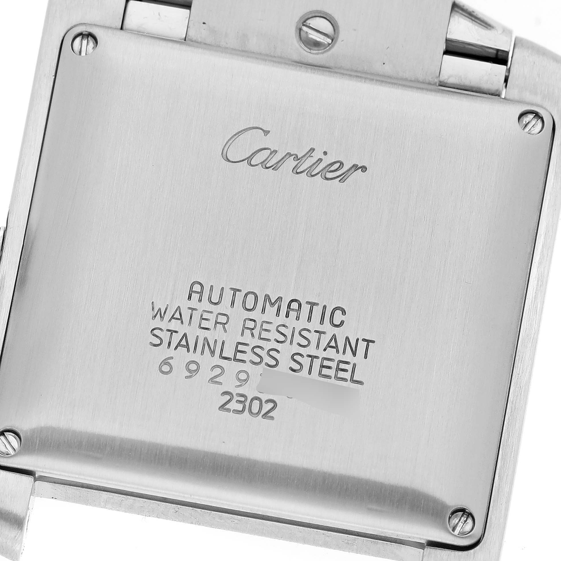 This image shows the back case of a Cartier Tank Française watch, highlighting the engravings and watch strap attachment.