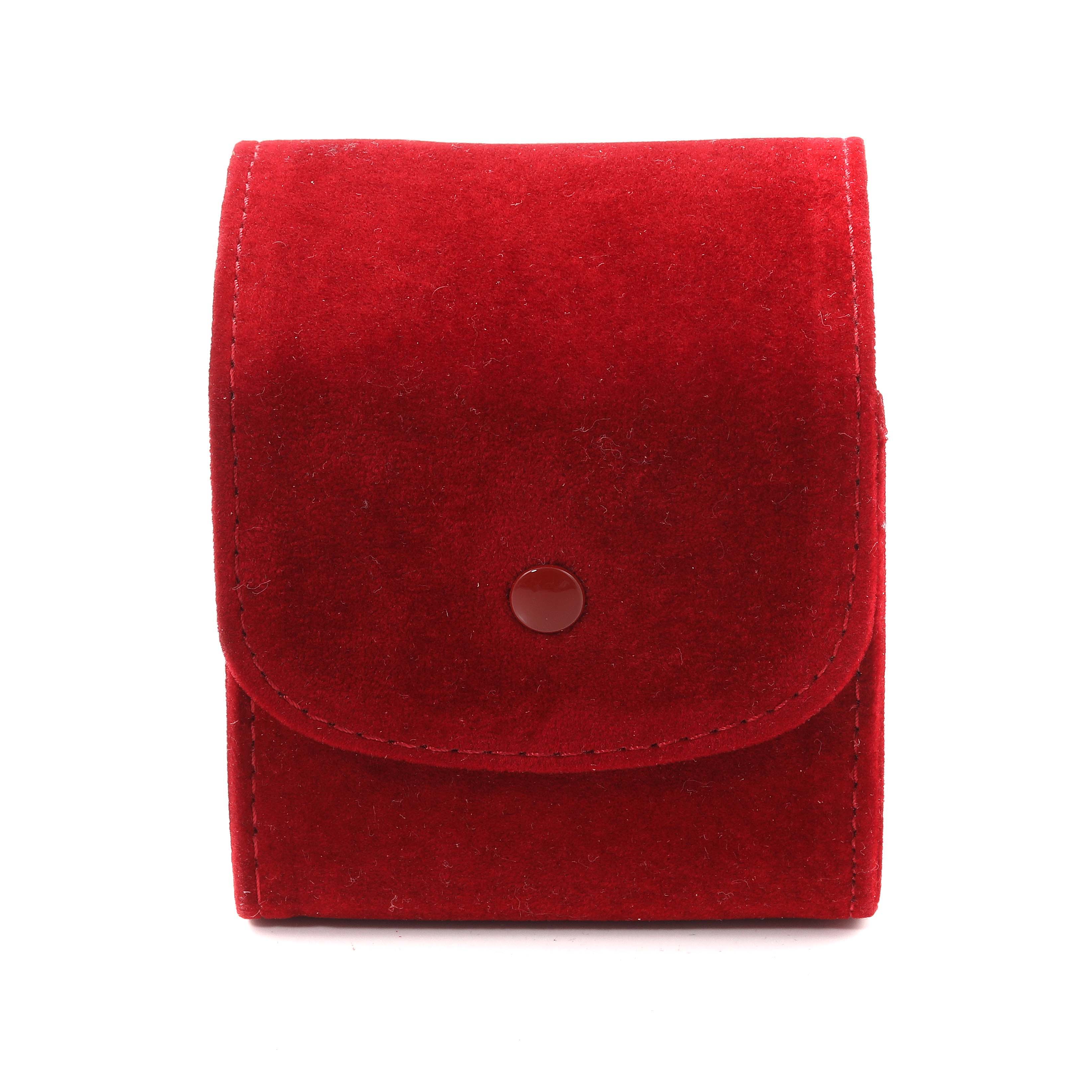 This image shows a closed red velvet pouch for the Tank Francaise watch by Cartier.