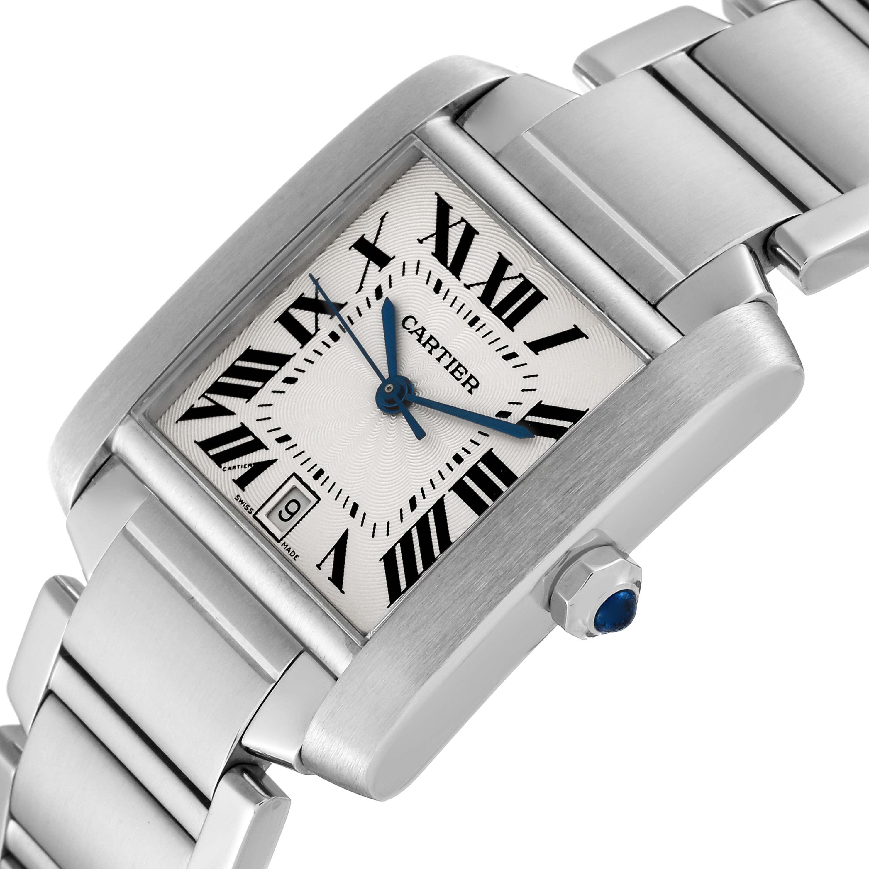 This is a close-up, angled view of the Cartier Tank Francaise W51002Q3 Men
s Stainless Steel Silver Dial W51002Q3 Men
s Stainless Steel Silver Dial watch, showing its rectangular face, stainless steel bracelet, and blue hands.