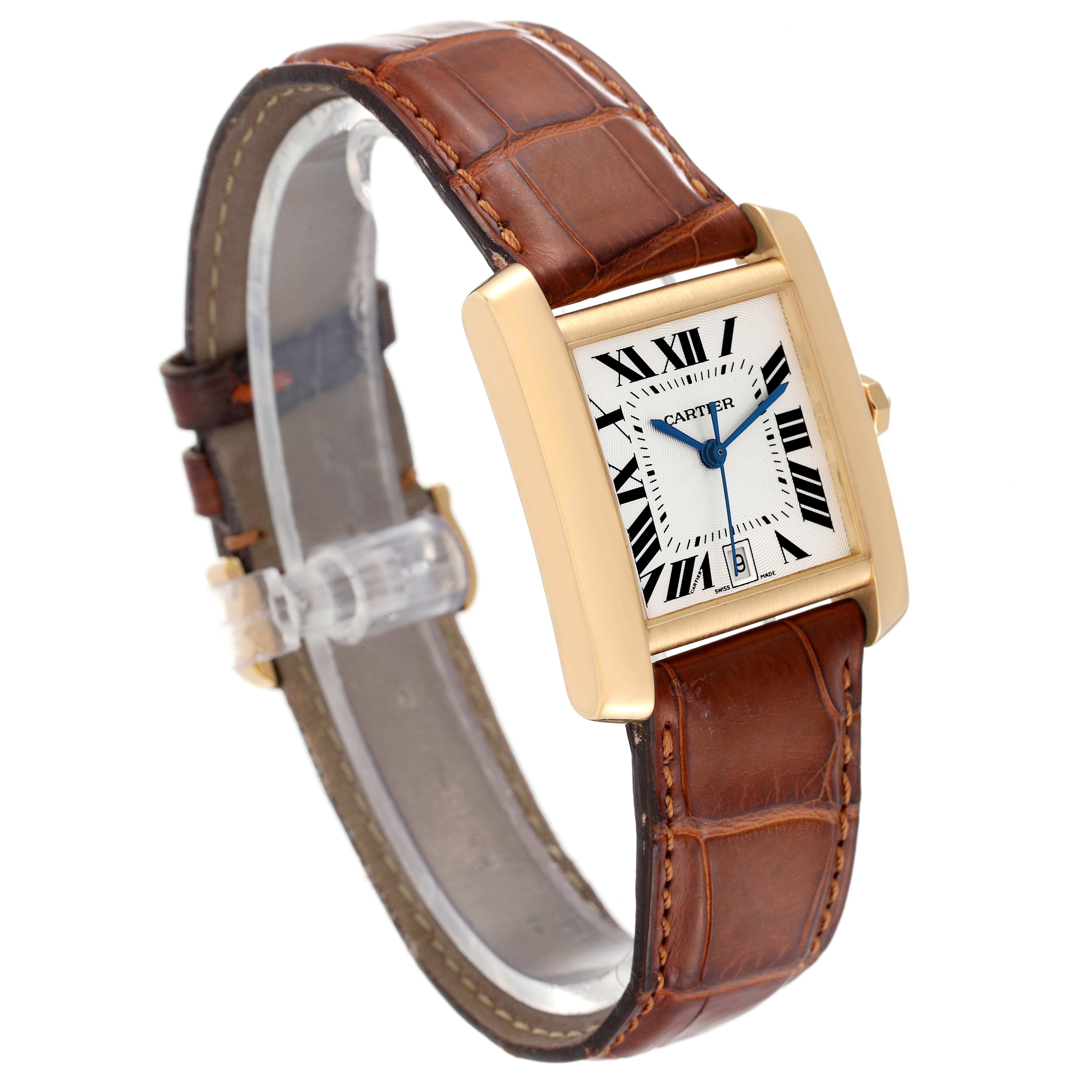 The image shows a Cartier Tank Française watch at a three-quarter angle, highlighting the face, case, and brown leather strap.