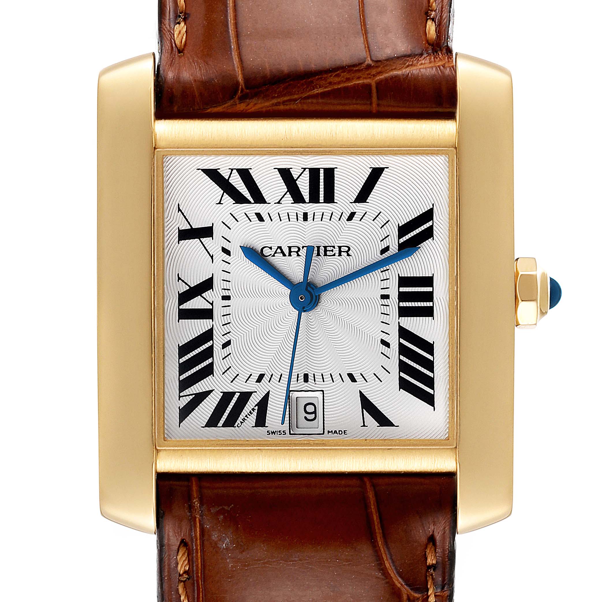 This is a close-up front view of the Cartier Tank Française watch, showcasing the face, case, crown, and part of the strap.