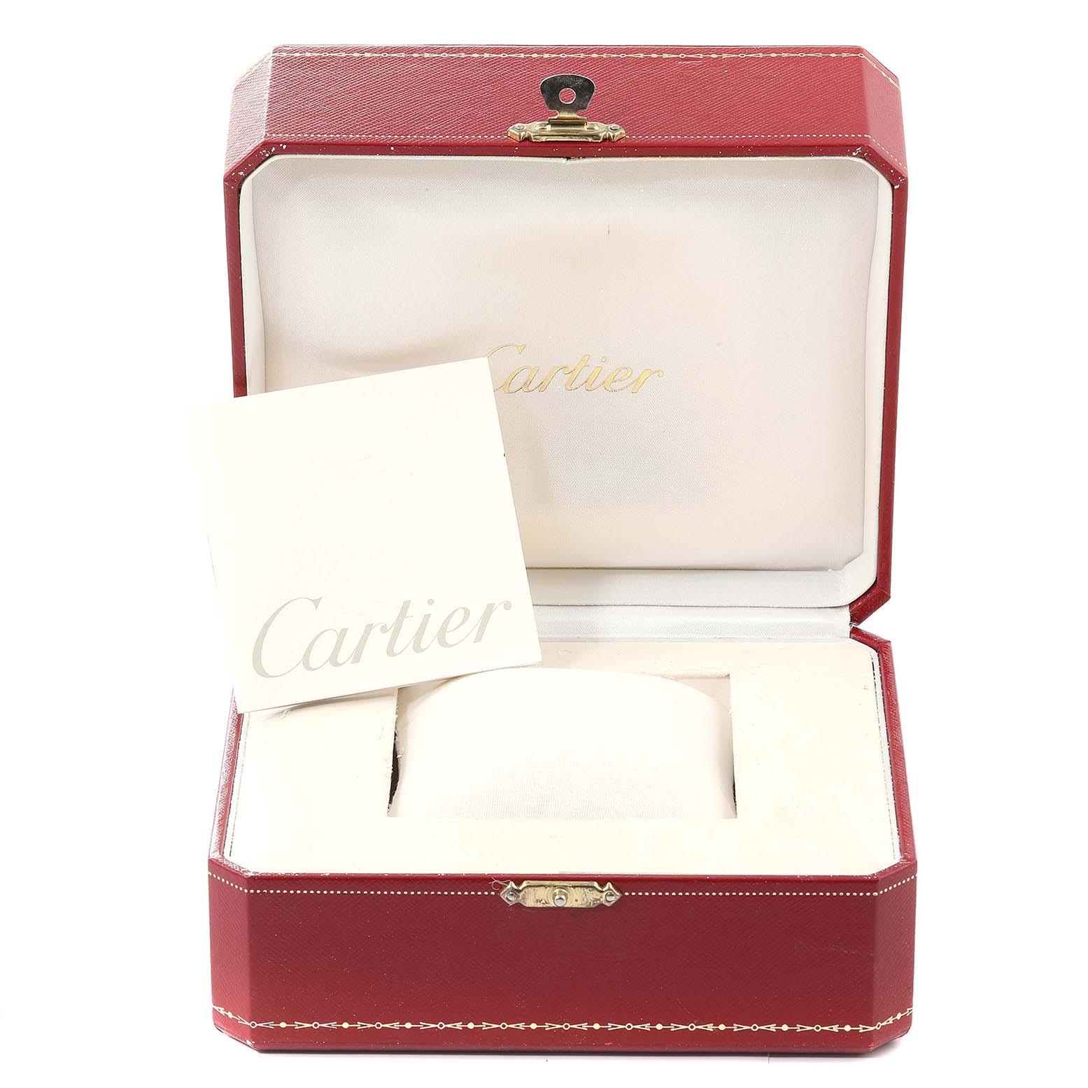 This image shows the open red leather Cartier box for the Tank Francaise model, along with a Cartier booklet inside.