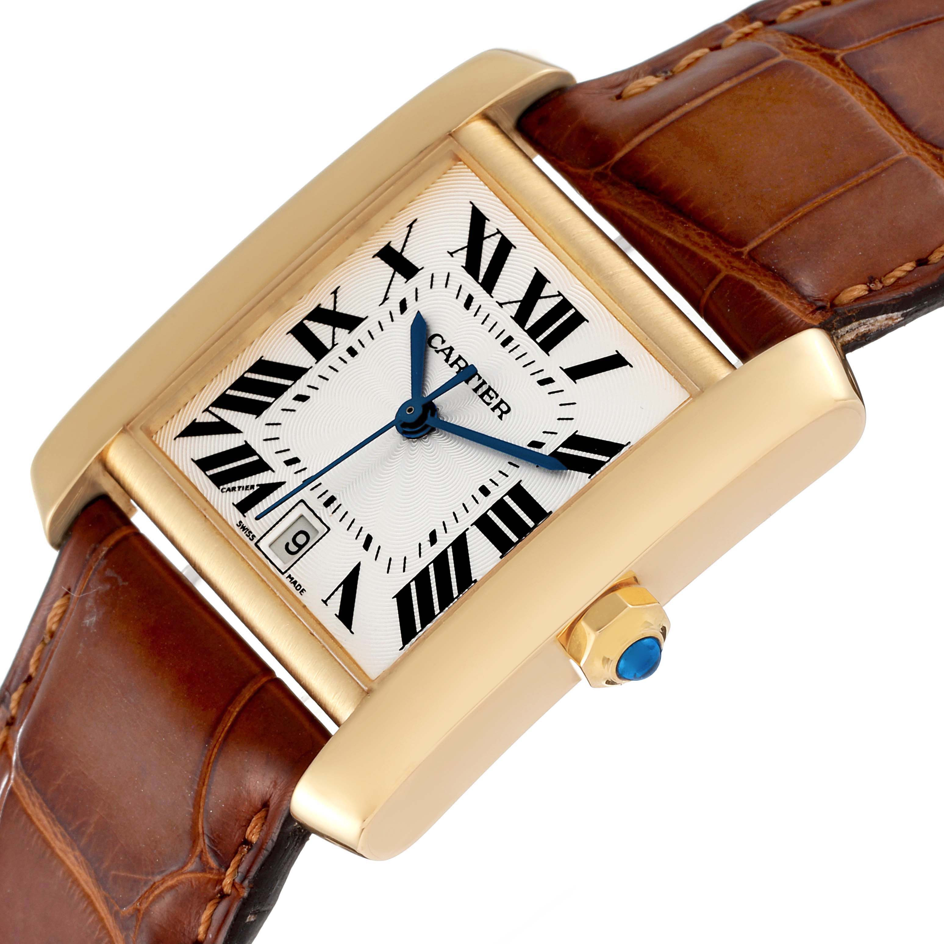 The image shows a Cartier Tank Française watch at an angle, highlighting its rectangular face, Roman numerals, date display, and brown leather strap.
