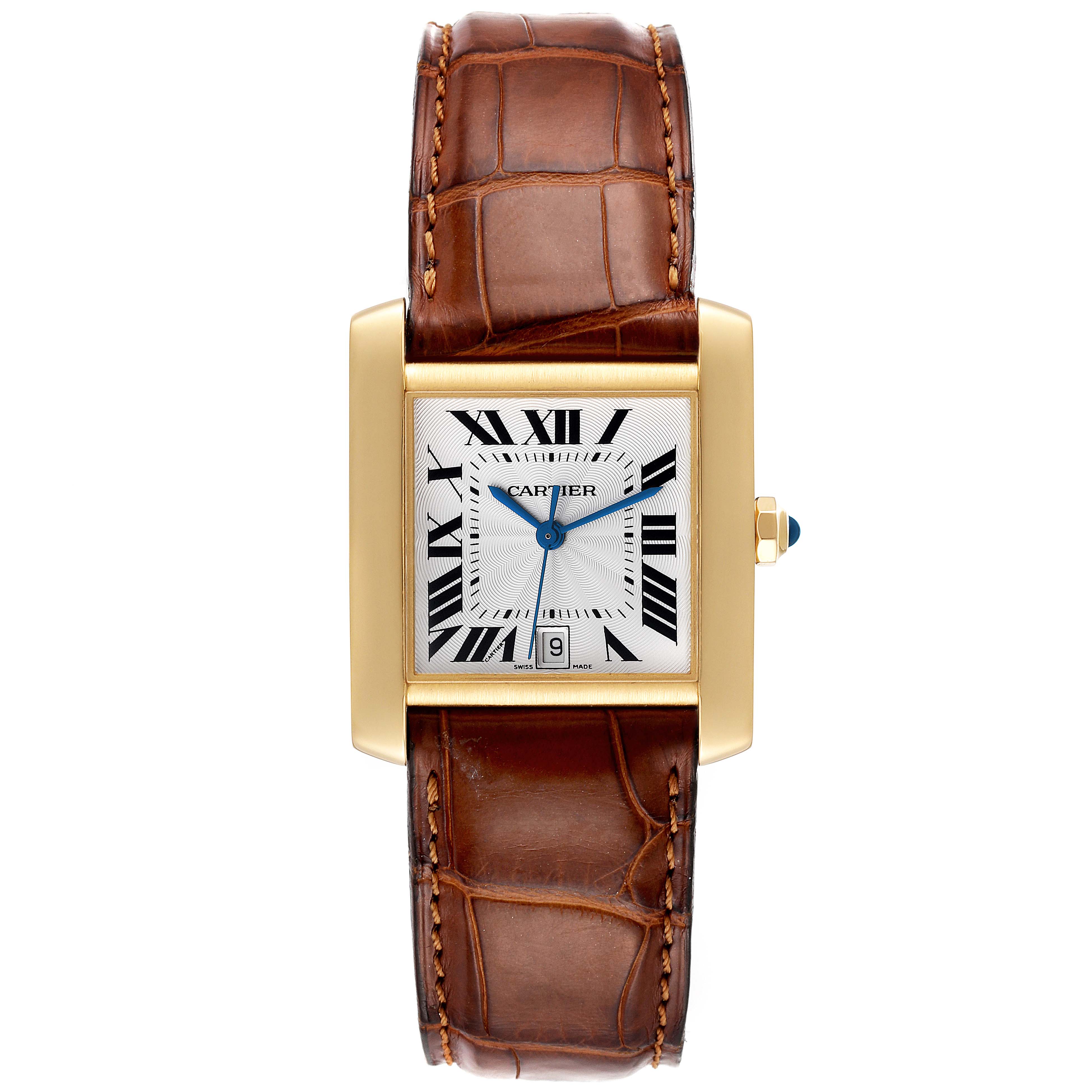 The image shows a Cartier Tank Francaise W5000156 Men's Yellow Gold Silver Dial W5000156 Men's Yellow Gold Silver Dial watch from a top-down angle, displaying the dial, case, strap, and crown.
