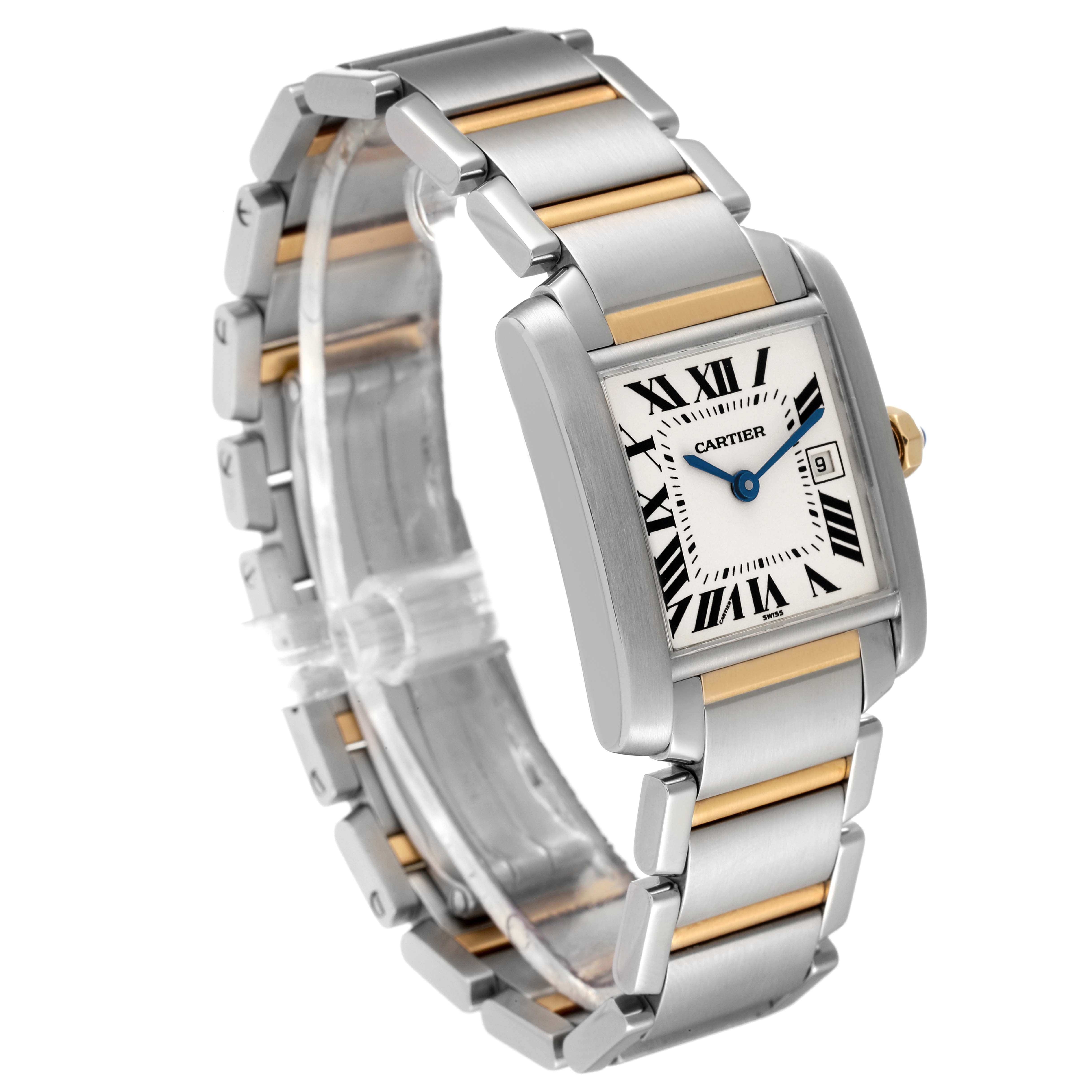 The image shows a three-quarter view of a Cartier Tank Française watch, highlighting the face, bracelet, and crown.
