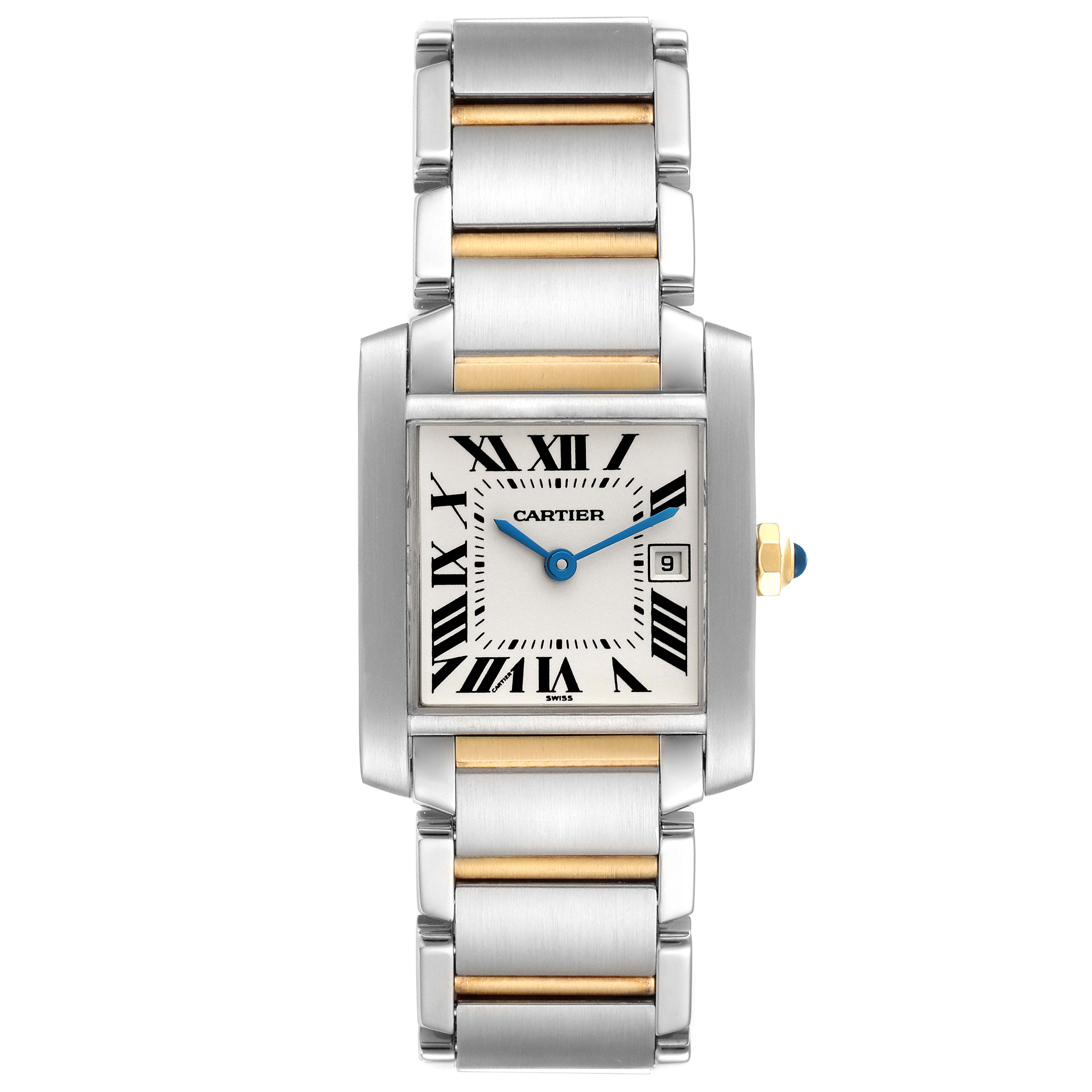 This image shows a front view of the Cartier Tank Française watch, highlighting its face, blue hands, and metal bracelet.