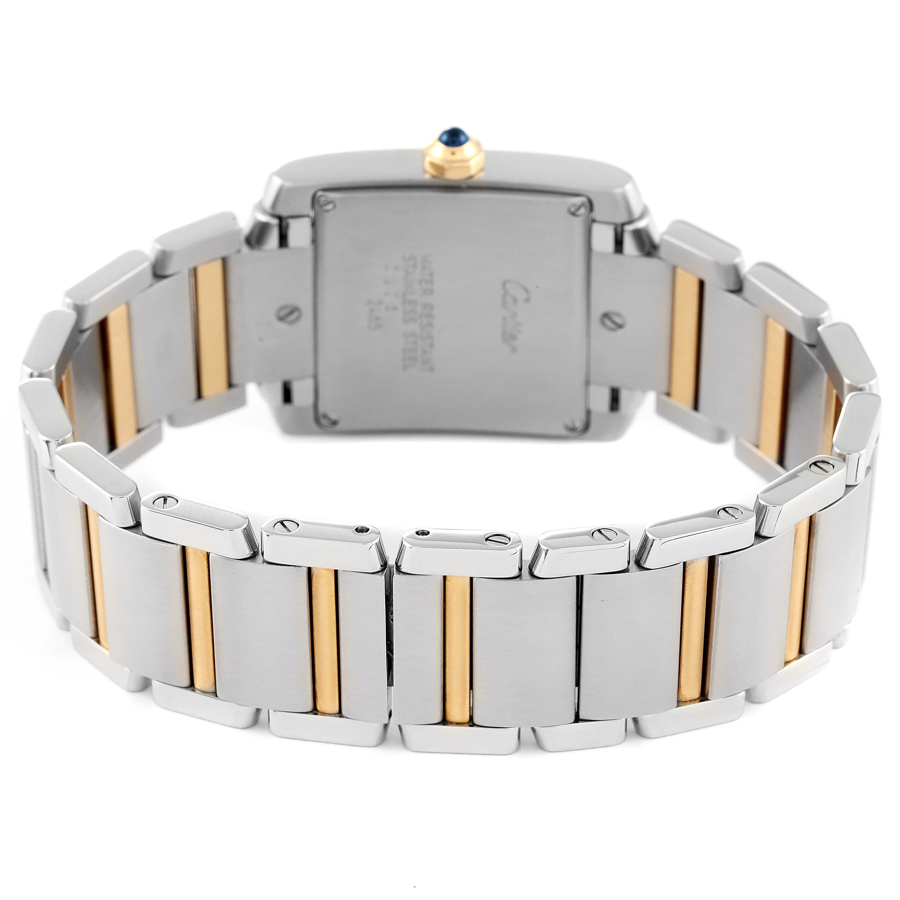 This image shows the back view of a Cartier Tank Francaise W51012Q4 Women's Steel and Gold (two tone) Silver Dial W51012Q4 Women's Steel and Gold (two tone) Silver Dial watch, highlighting the two-tone metal bracelet and the case back details.