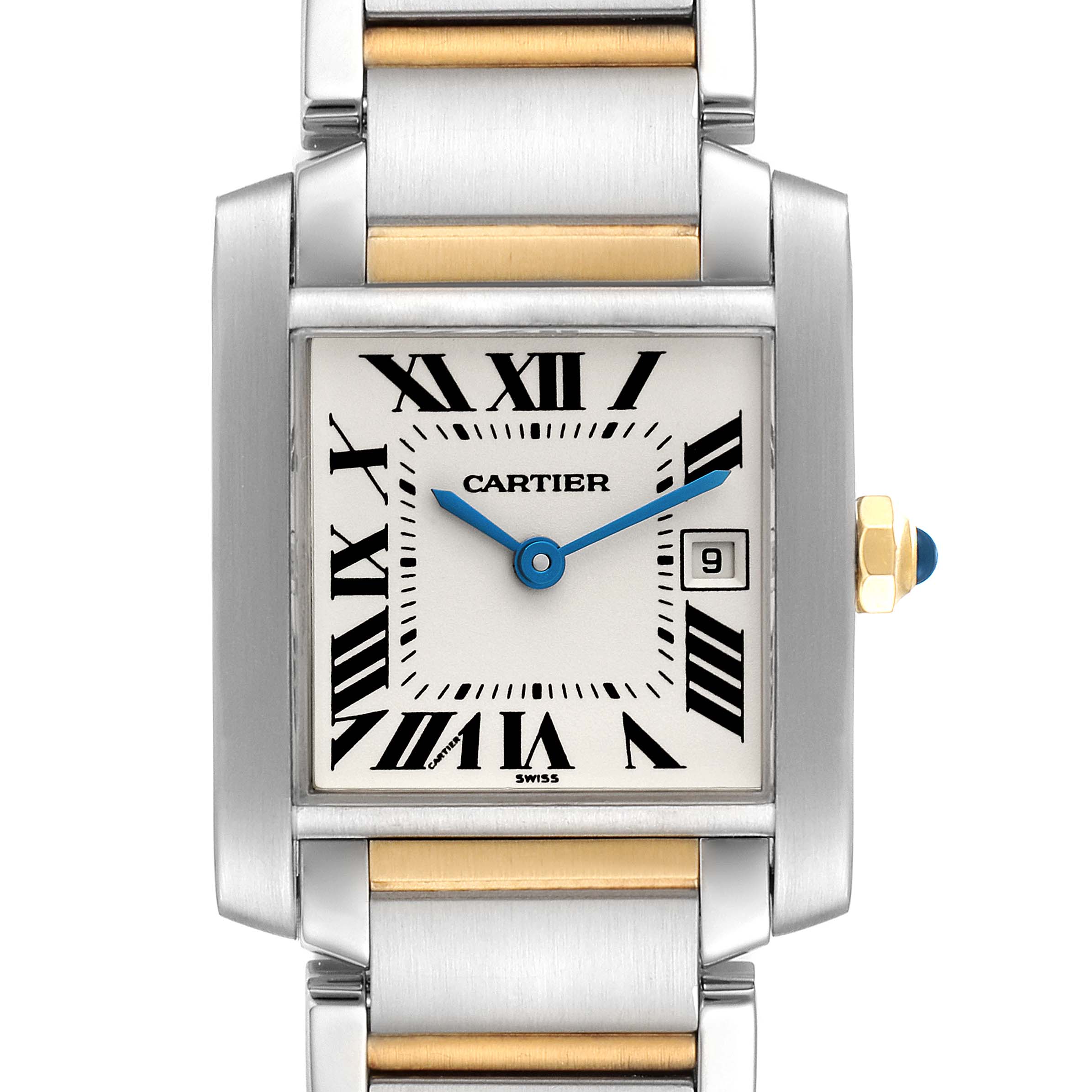 This image shows a frontal view of a Tank Française model watch by Cartier, displaying the face, hands, date window, and bracelet.