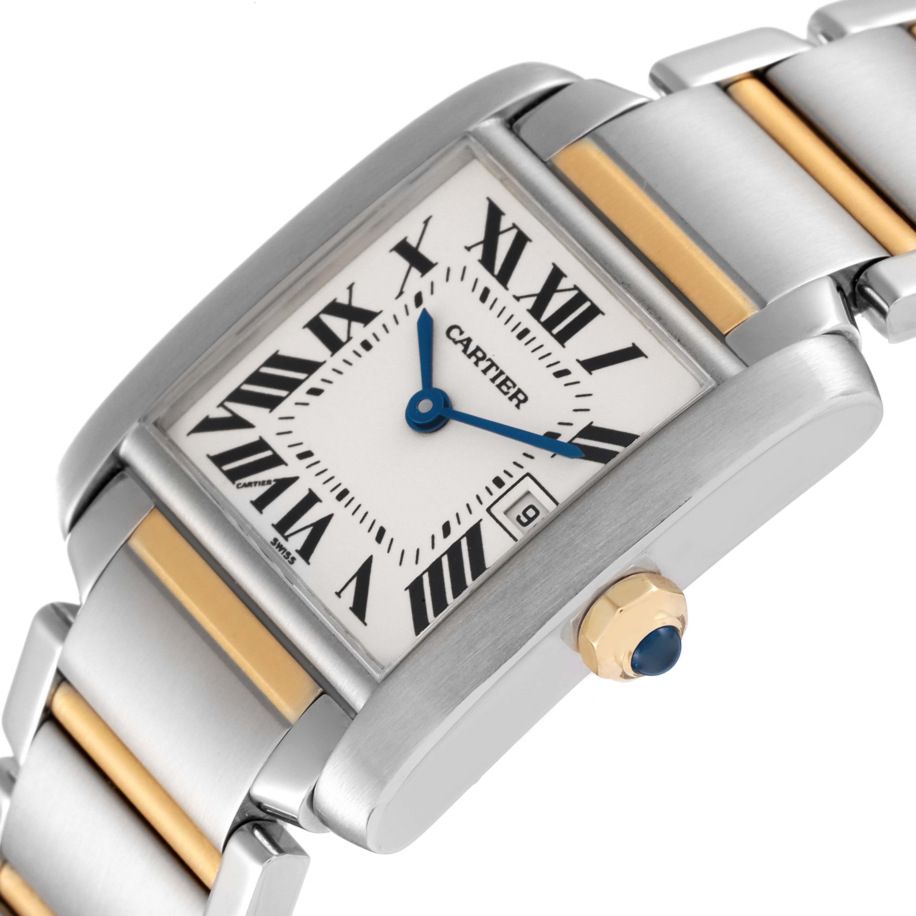 The image shows a Cartier Tank Française watch from an angled side view, highlighting the dial, bracelet, and crown.