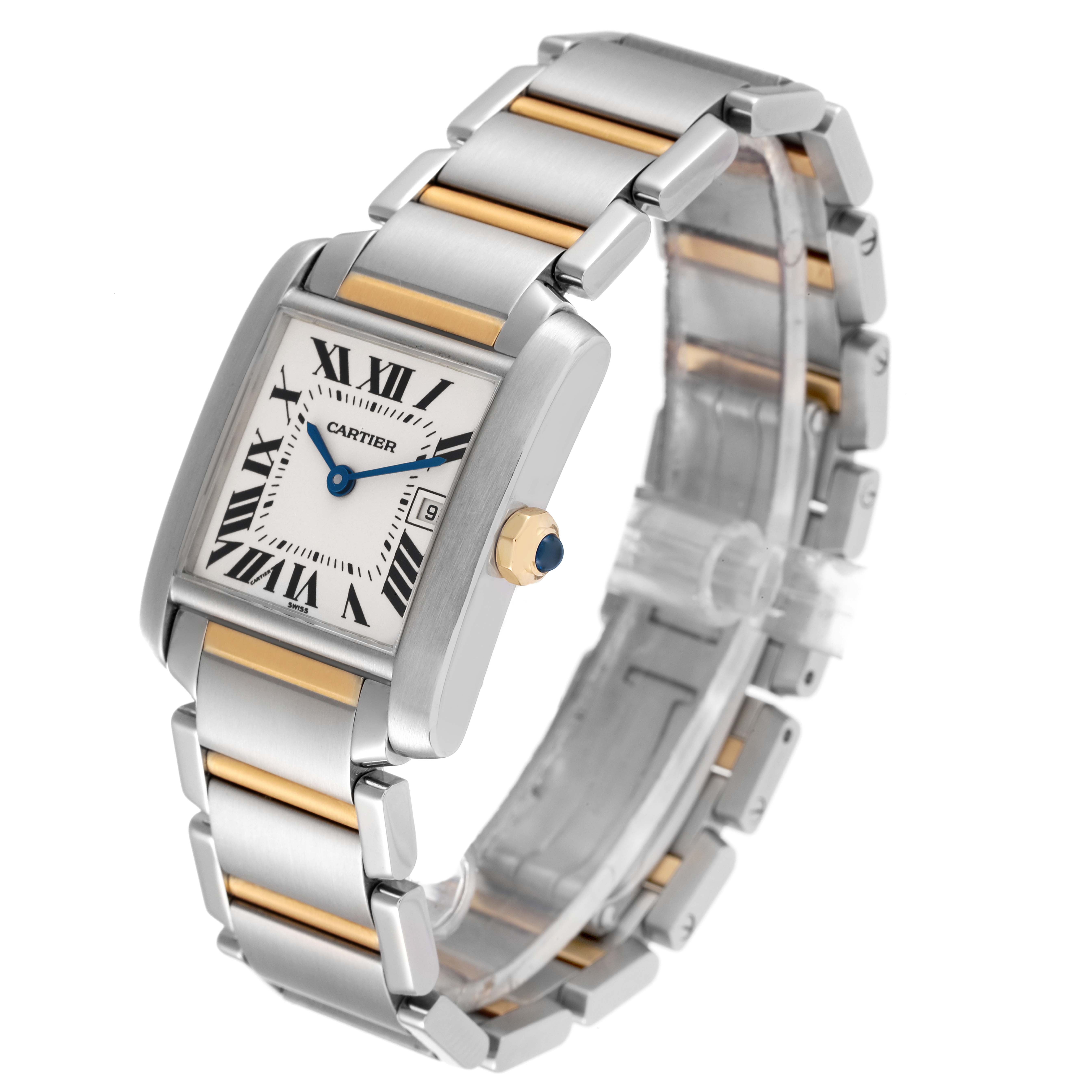 This image shows a Cartier Tank Francaise W51012Q4 Women's Steel and Gold (two tone) Silver Dial W51012Q4 Women's Steel and Gold (two tone) Silver Dial watch at a three-quarter angle, highlighting its face and metal bracelet.